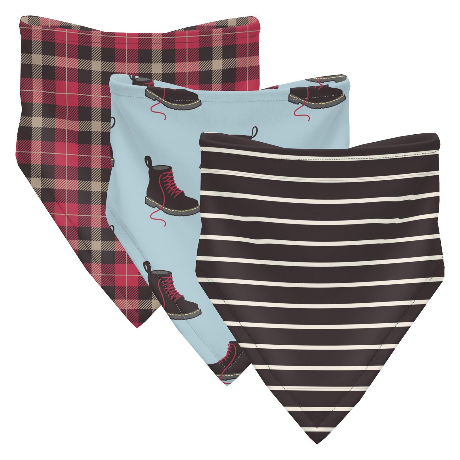 Print Bandana Bib Set of 3 in 90's Plaid, Spring Sky Boots & 90's Stripe