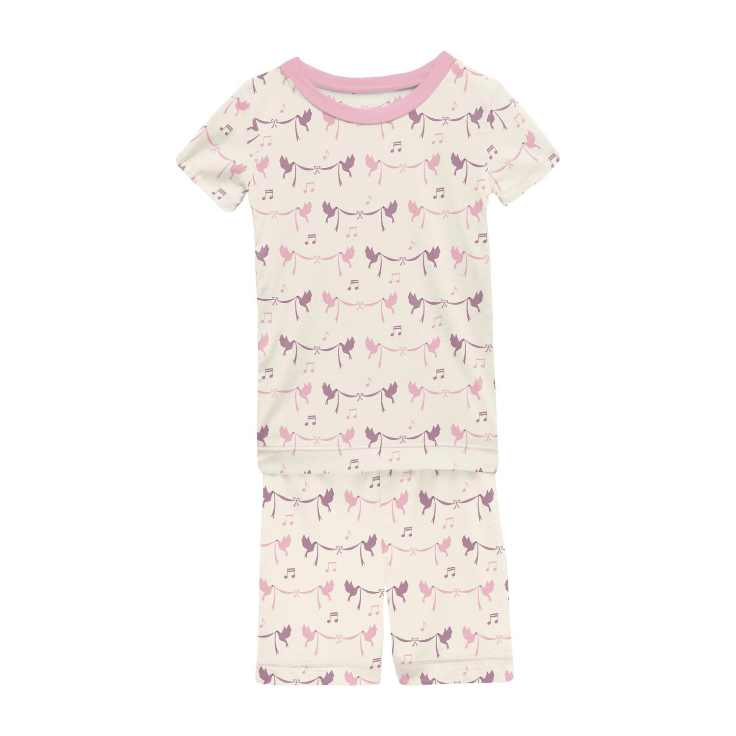 Print Short Sleeve Pajama Set with Shorts in Natural Bird Banner