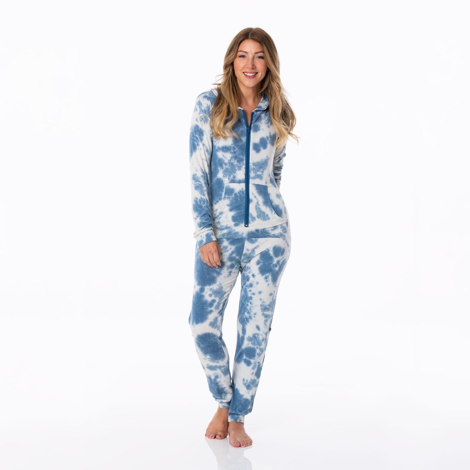 Women's Print Long Sleeve Jumpsuit with Hood in Deep Sea Tie Dye