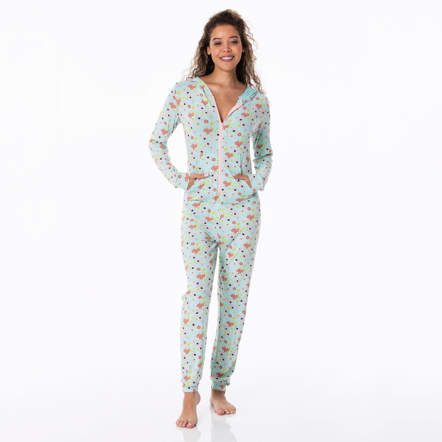 Women's Print Long Sleeve Jumpsuit with Hood in Summer Sky Flower Power