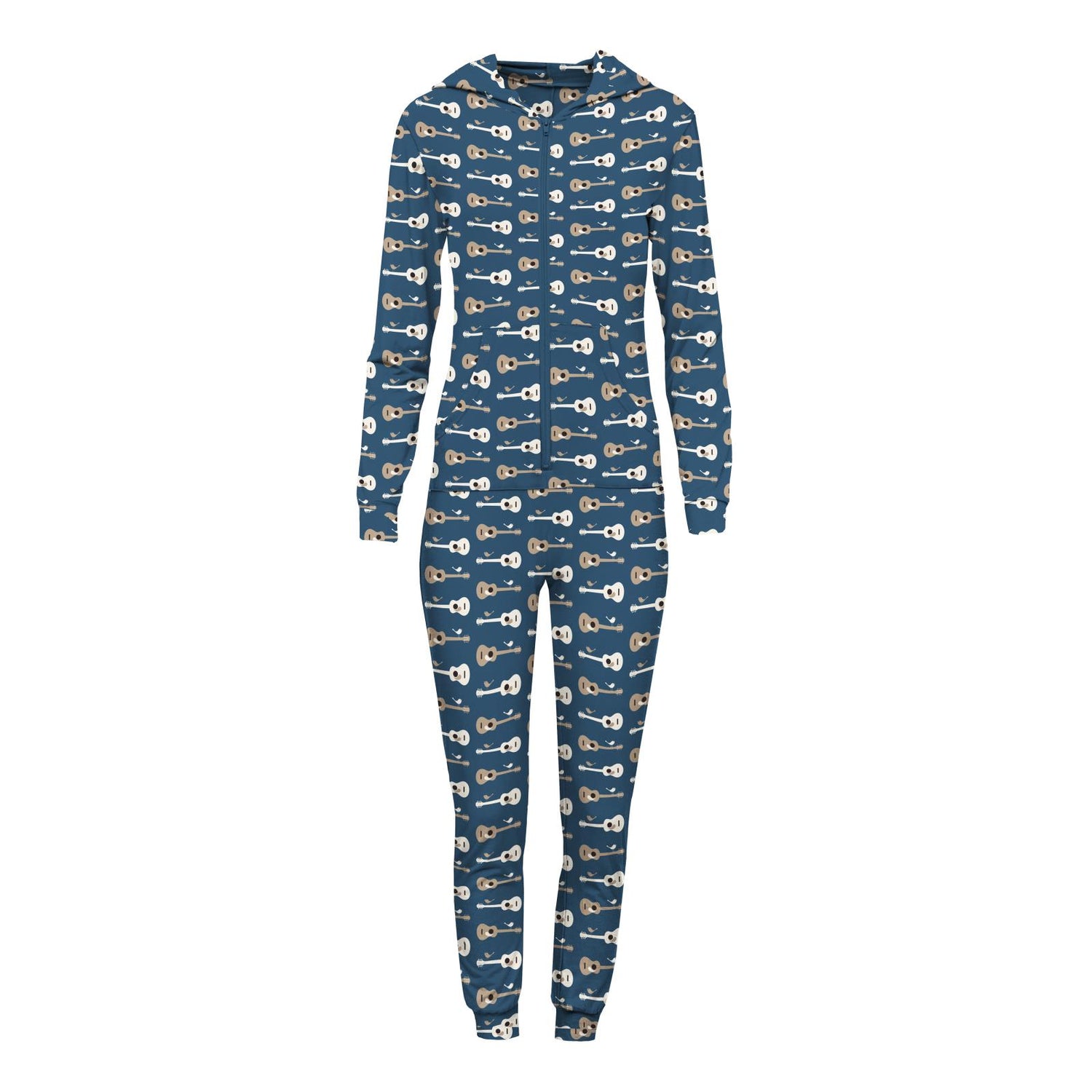 Women's Print Long Sleeve Jumpsuit with Hood in Deep Sea Guitar Birds