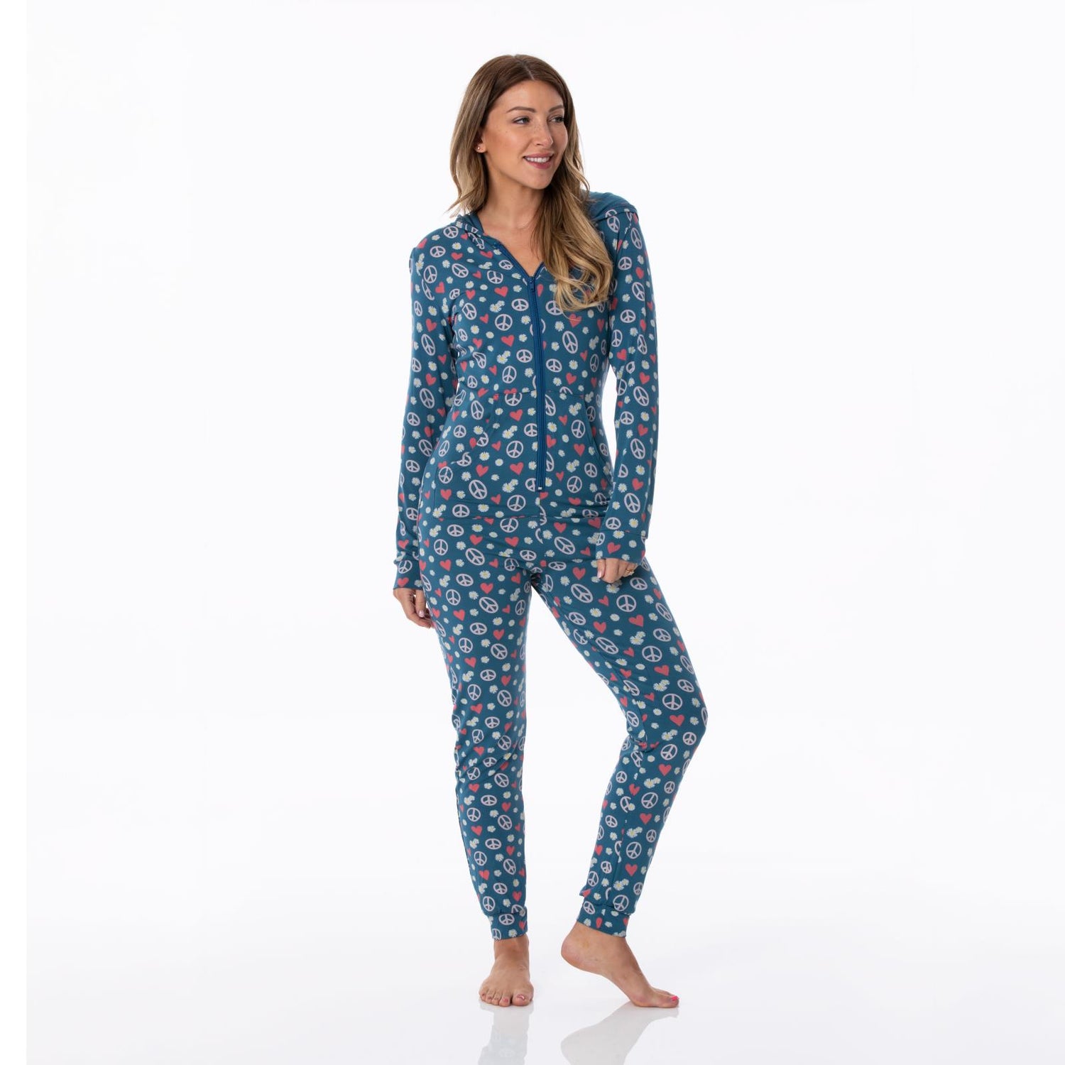 Women's Print Long Sleeve Jumpsuit with Hood in Peace, Love and Happiness