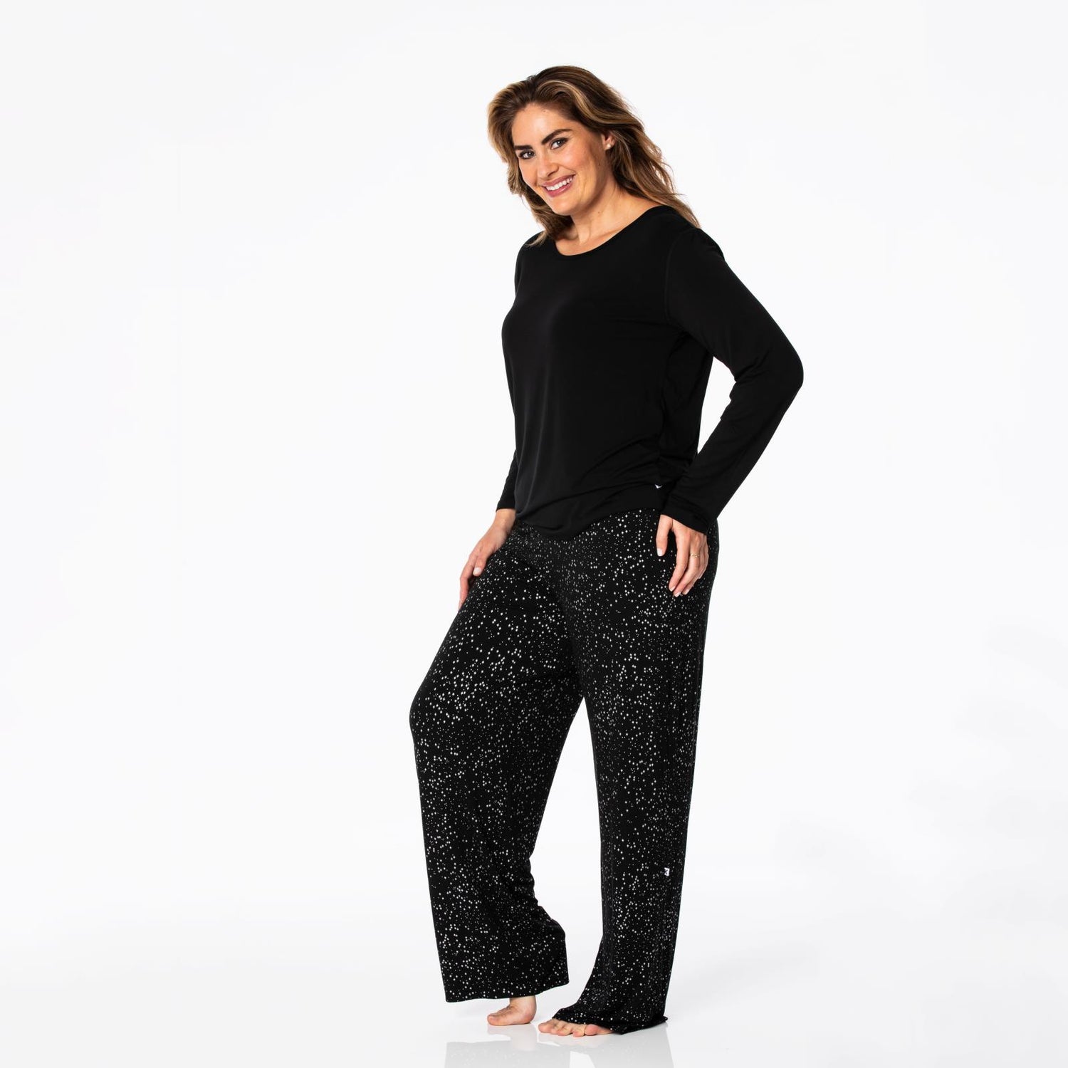 Women's Print Long Sleeve Loosey Goosey Tee & Pajama Pants Set in Midnight Foil Constellations