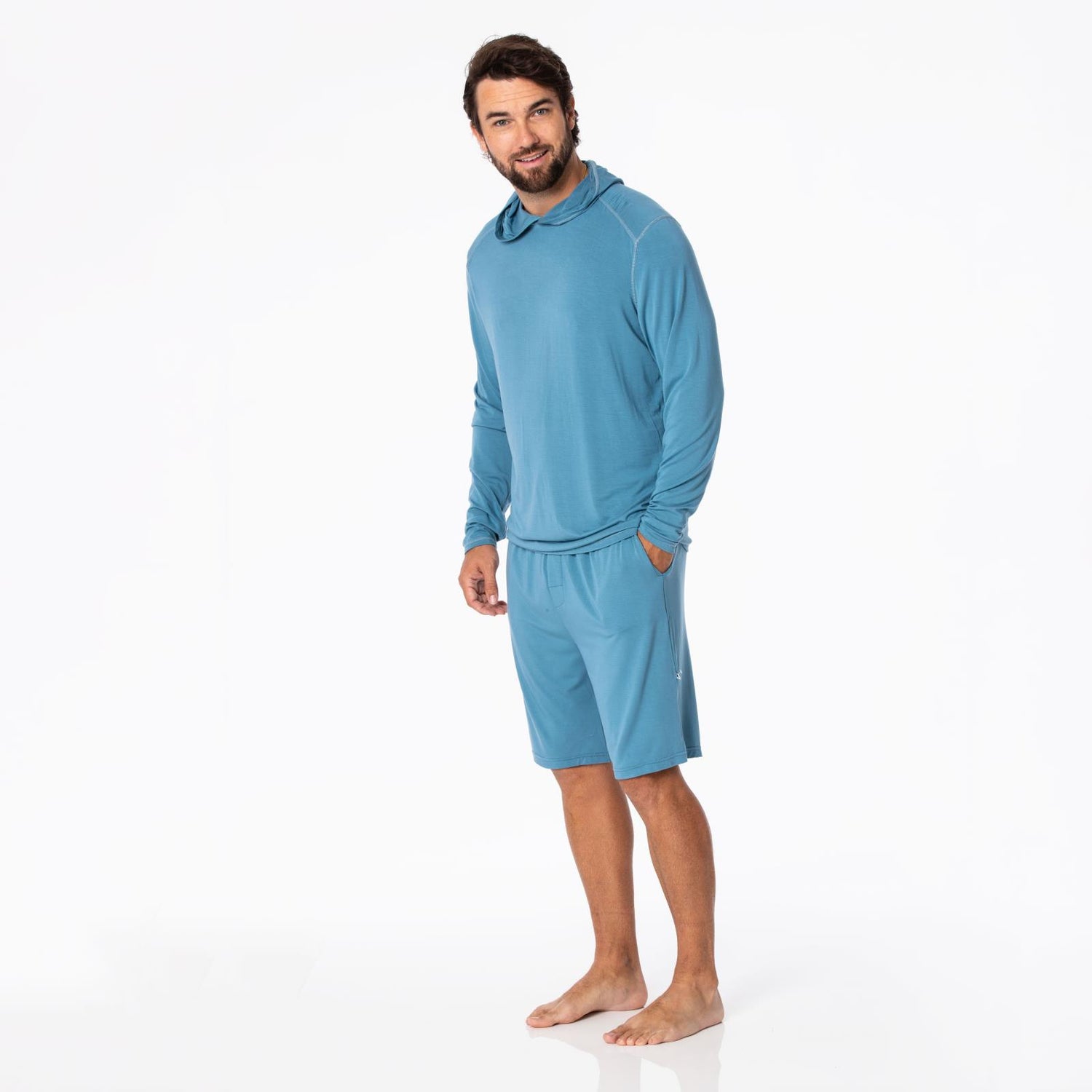 Men's Long Sleeve Hooded Tee in Parisian Blue