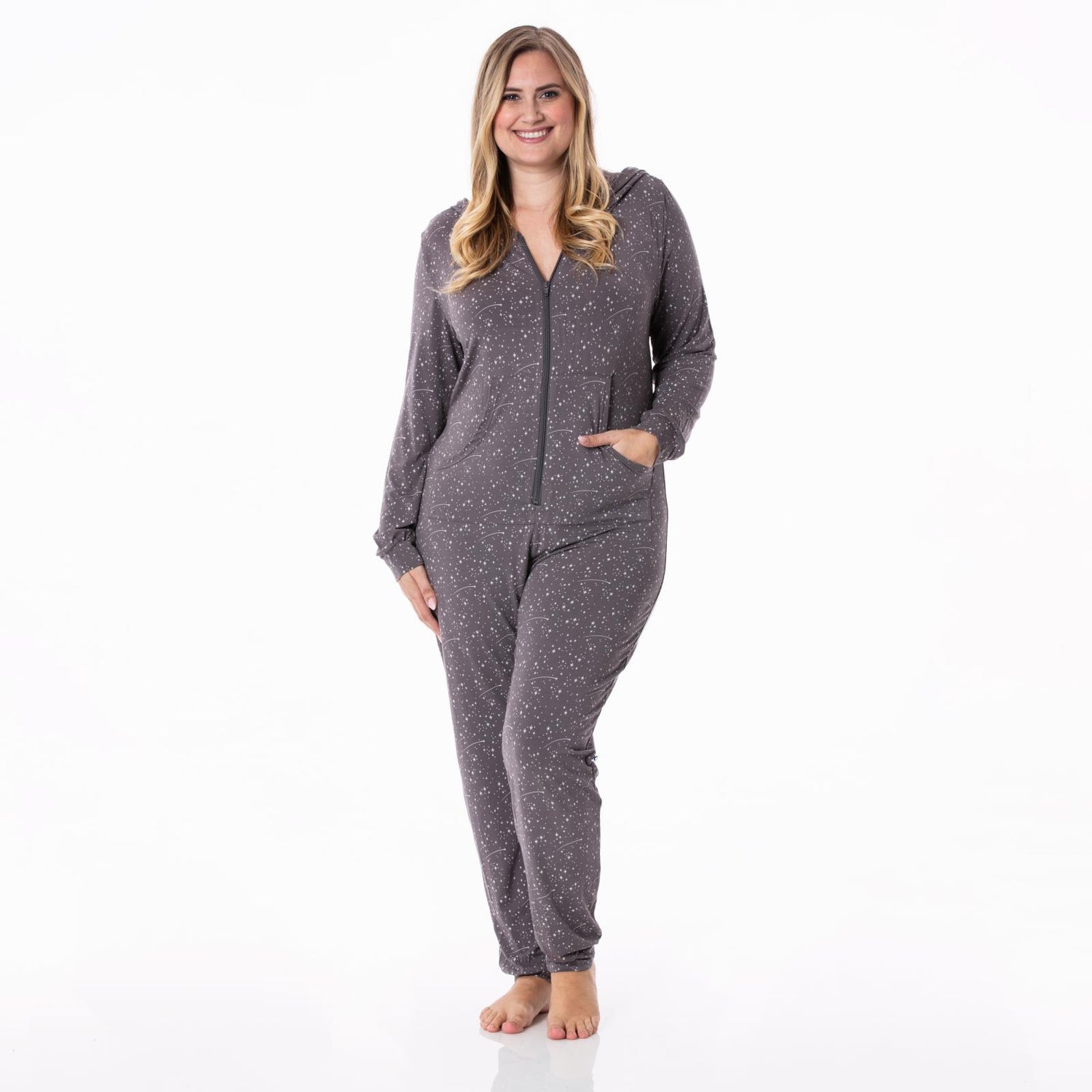 Women's Print Long Sleeve Jumpsuit with Hood in Rain Shooting Stars