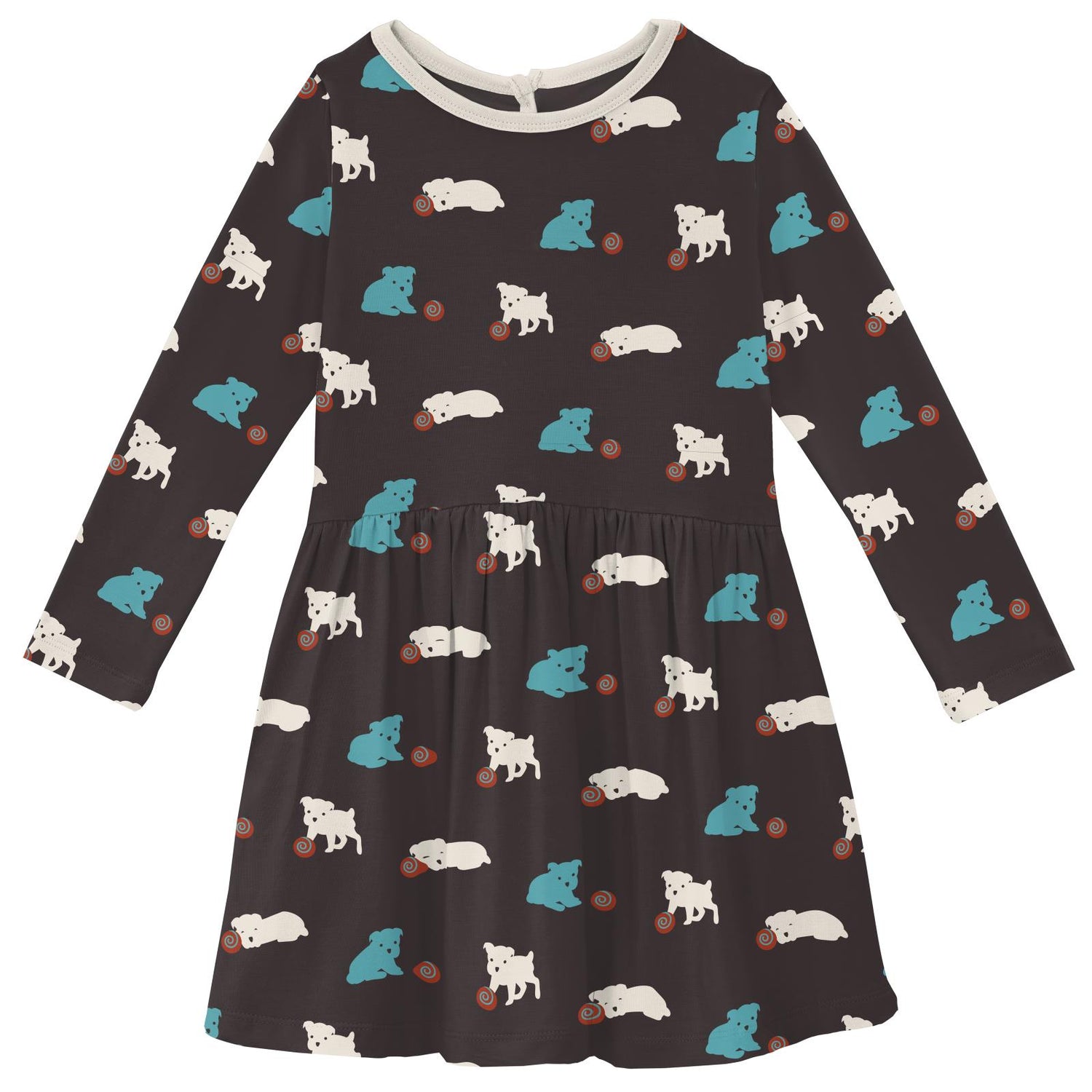 Print Long Sleeve Twirl Dress in Midnight Puppy