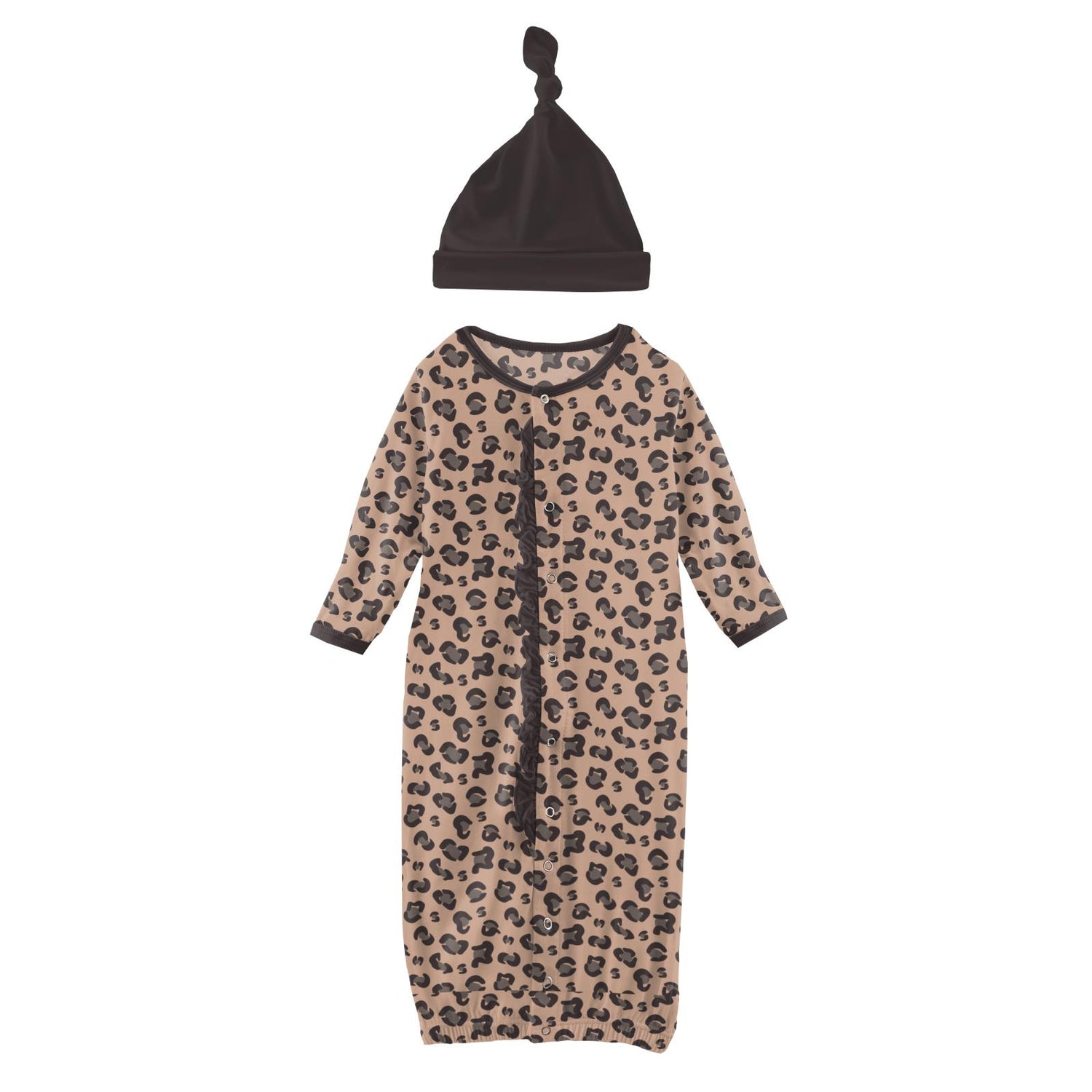 Print Ruffle Layette Gown Converter & Single Knot Hat Set in Suede Cheetah Print