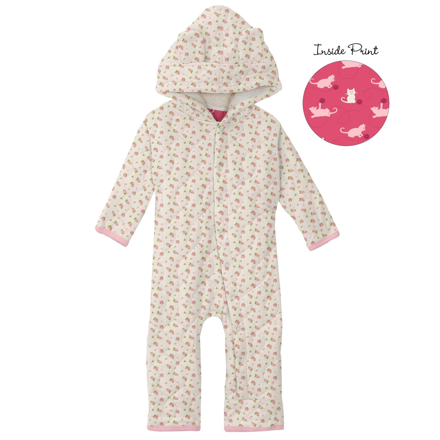 Print Quilted Hoodie Coverall with Sherpa-Lined Hood in Natural Buds/Winter Rose Kitty