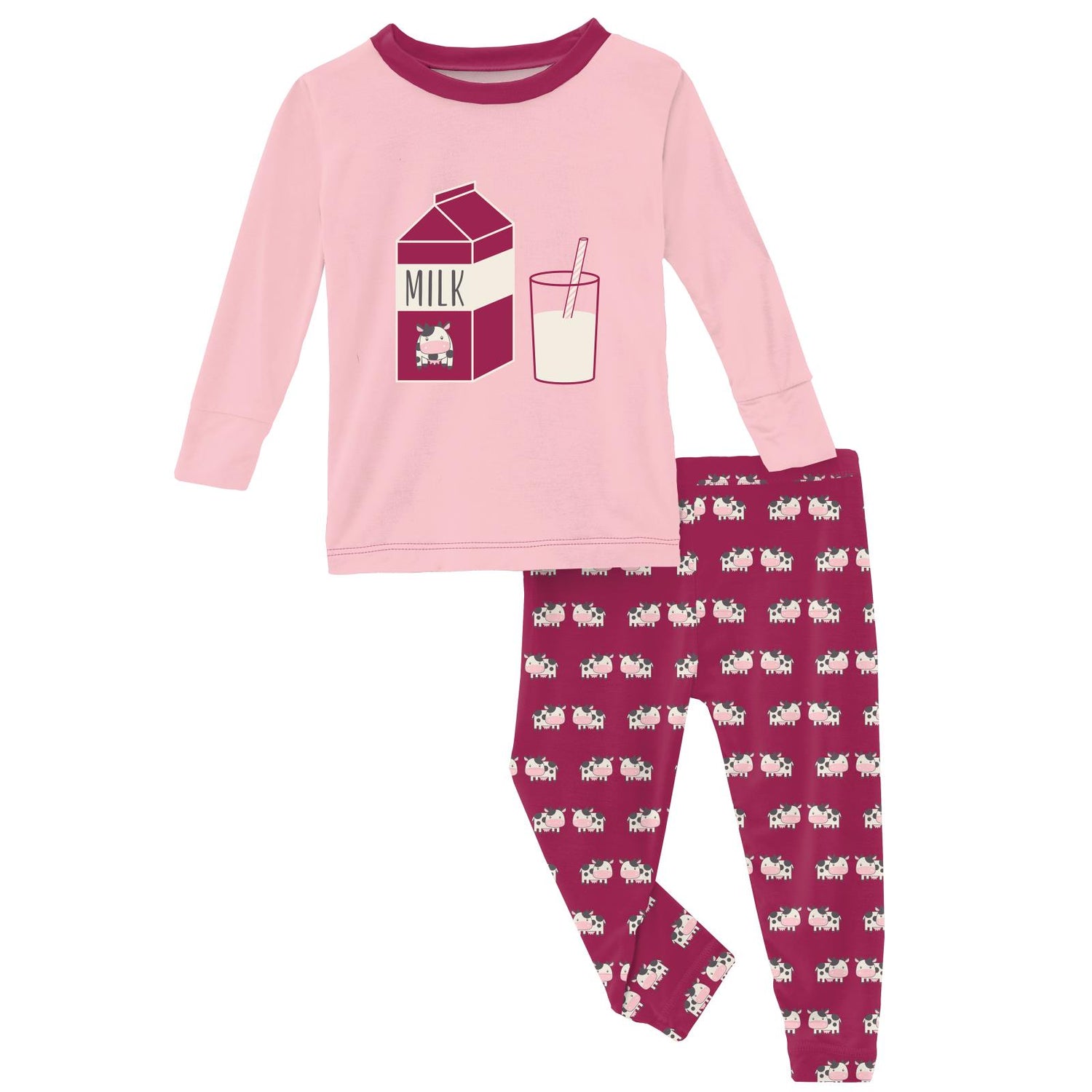 Long Sleeve Graphic Tee Pajama Set in Berry Cow