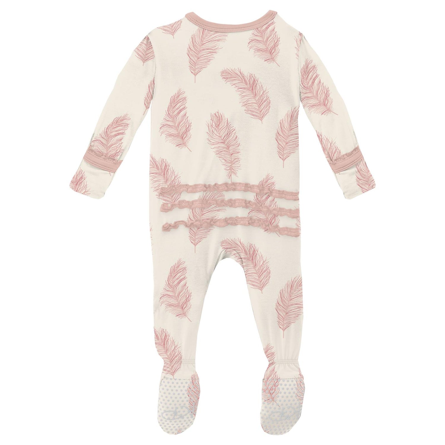 Print Muffin Ruffle Footie with Zipper in Natural Feathers