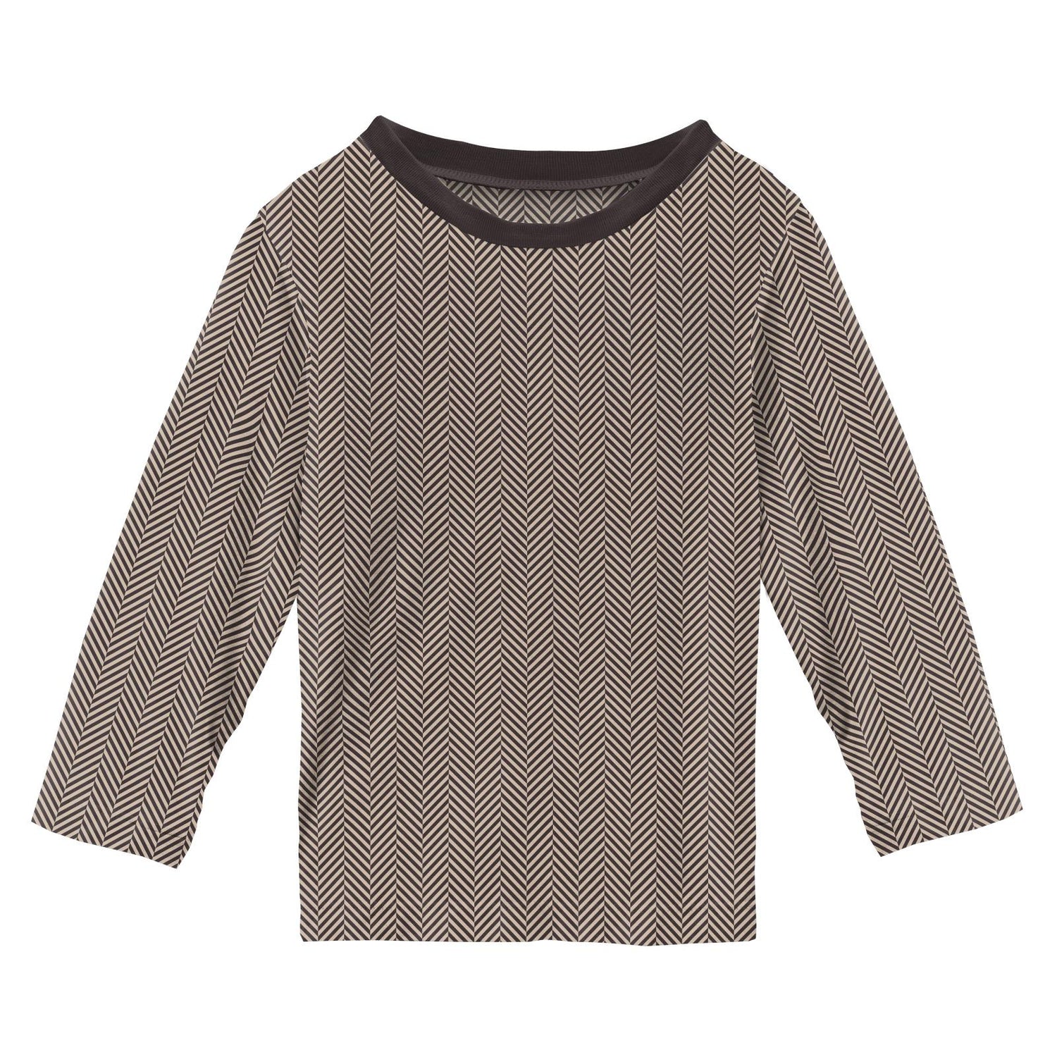 Print Long Sleeve Easy Fit Crew Neck Tee in Herringbone