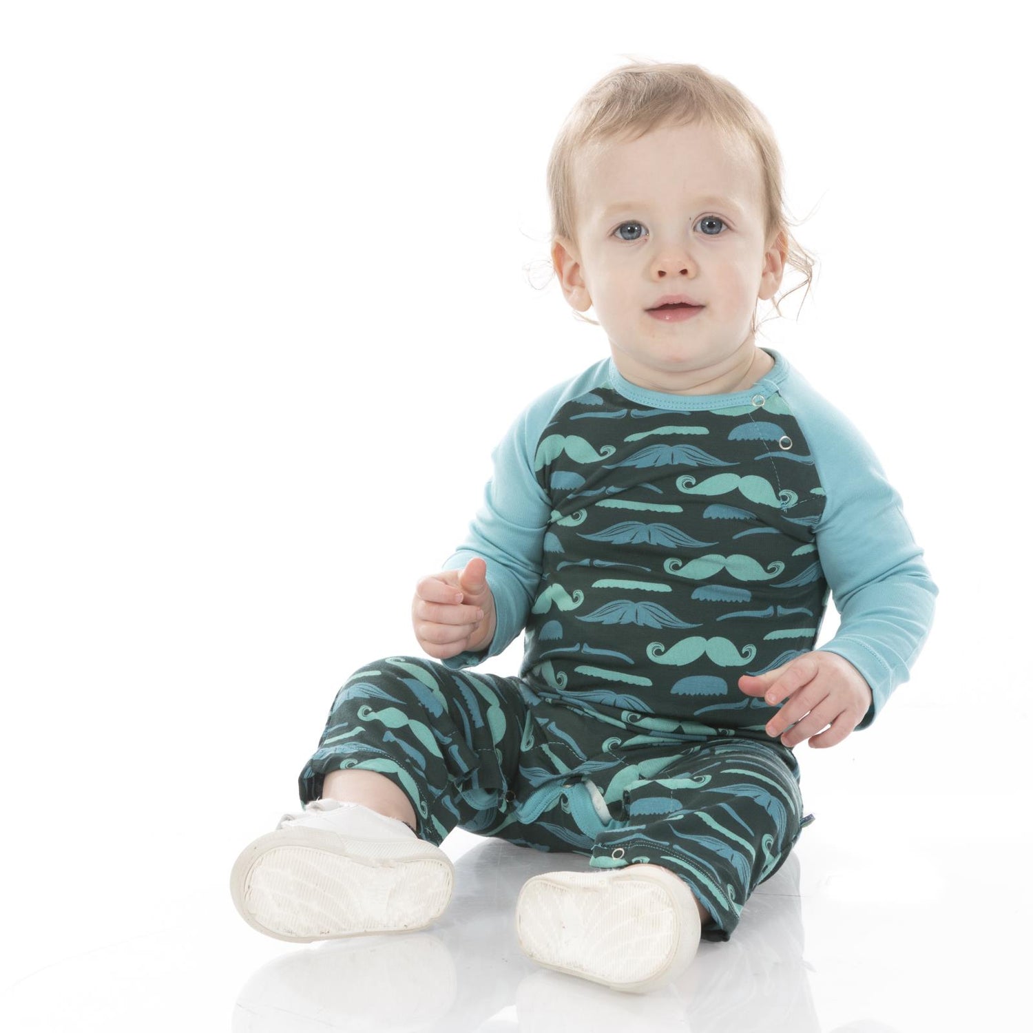 Print Long Sleeve Raglan Romper in Pine Moustaches