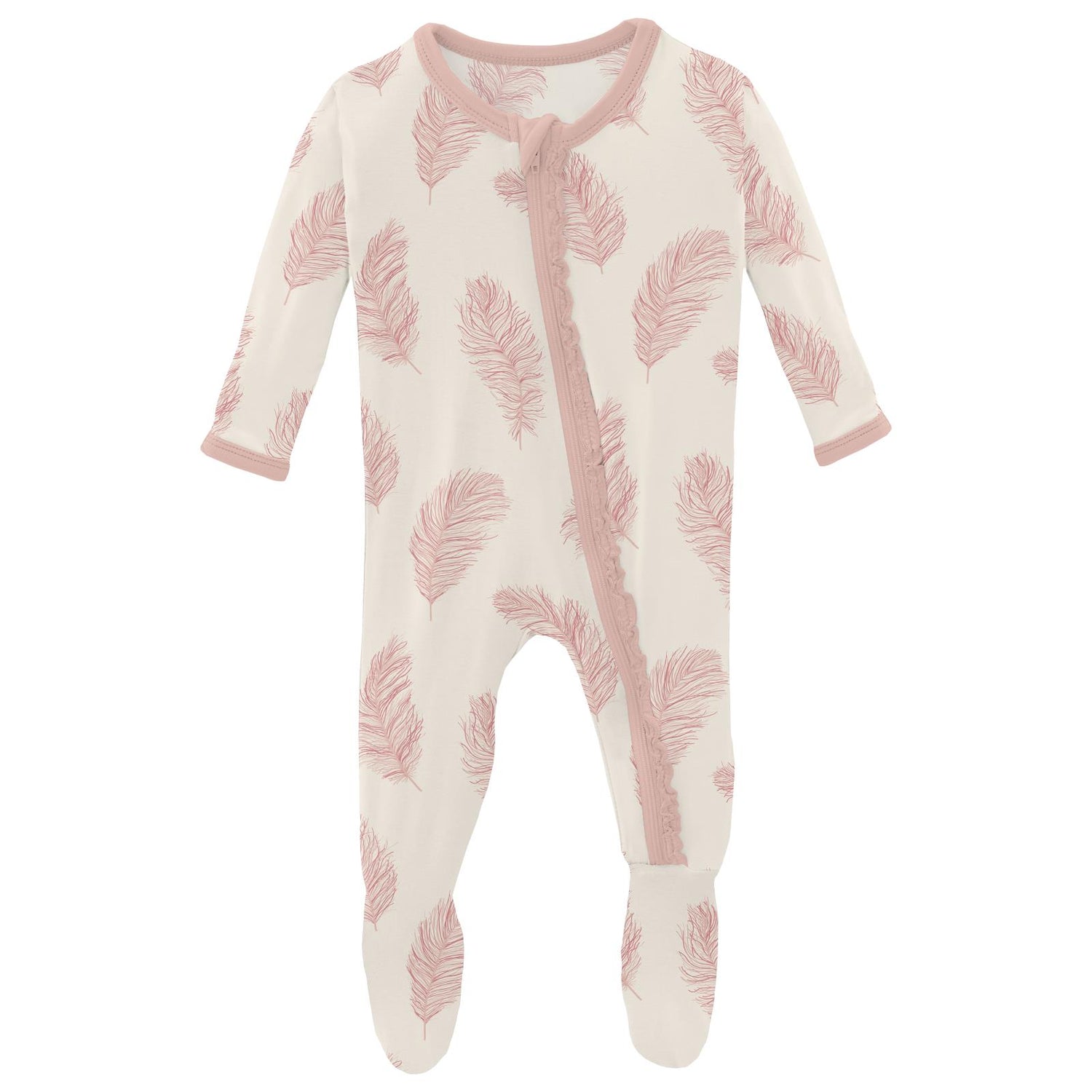 Print Muffin Ruffle Footie with Zipper in Natural Feathers