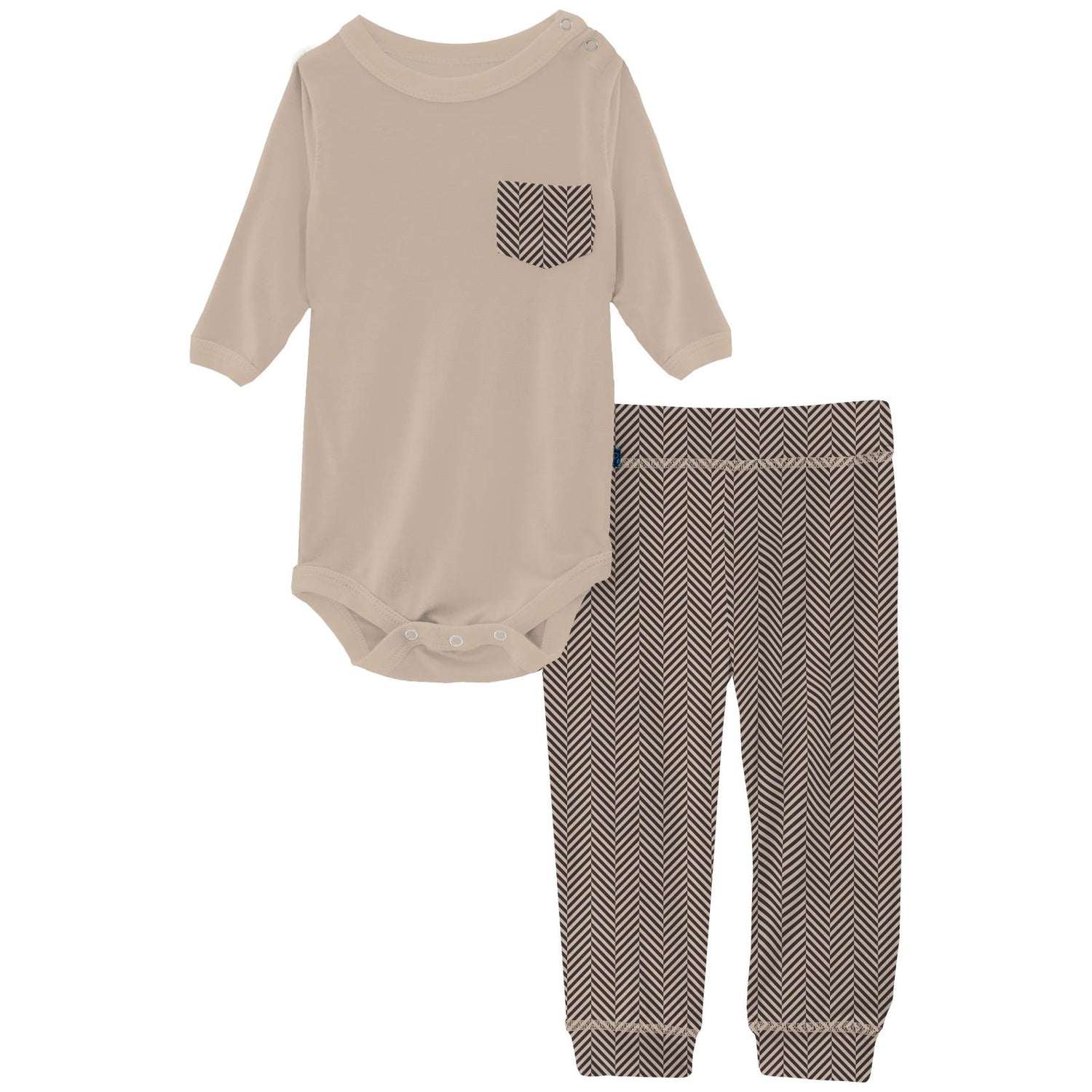 Print Long Sleeve Pocket One Piece and Pant Outfit Set in Herringbone