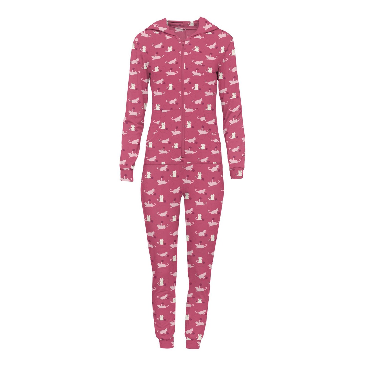 Women's Print Long Sleeve Jumpsuit with Hood in Winter Rose Kitty