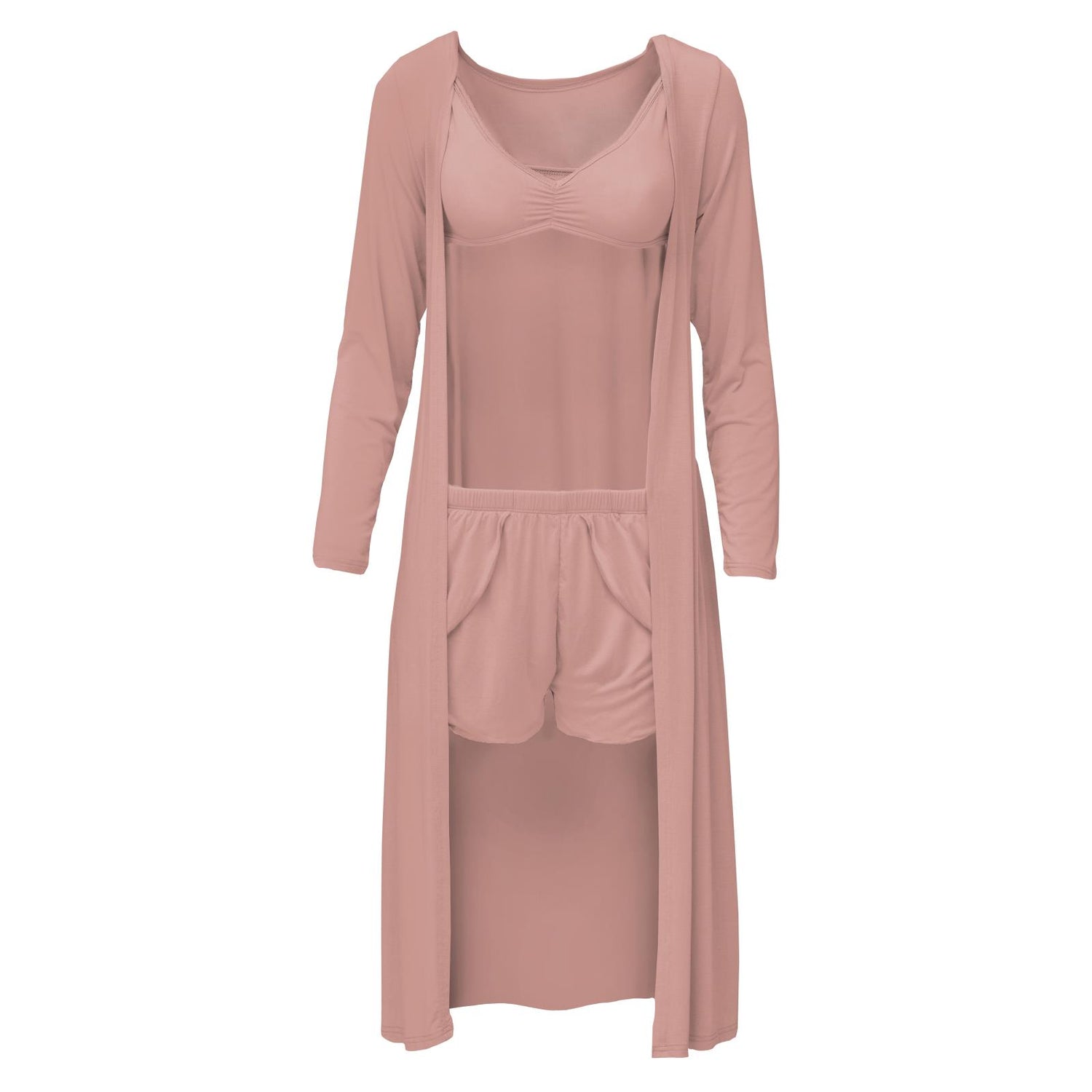 Women's Sleeping Bra, Tulip Shorts and Duster Robe Set in Blush