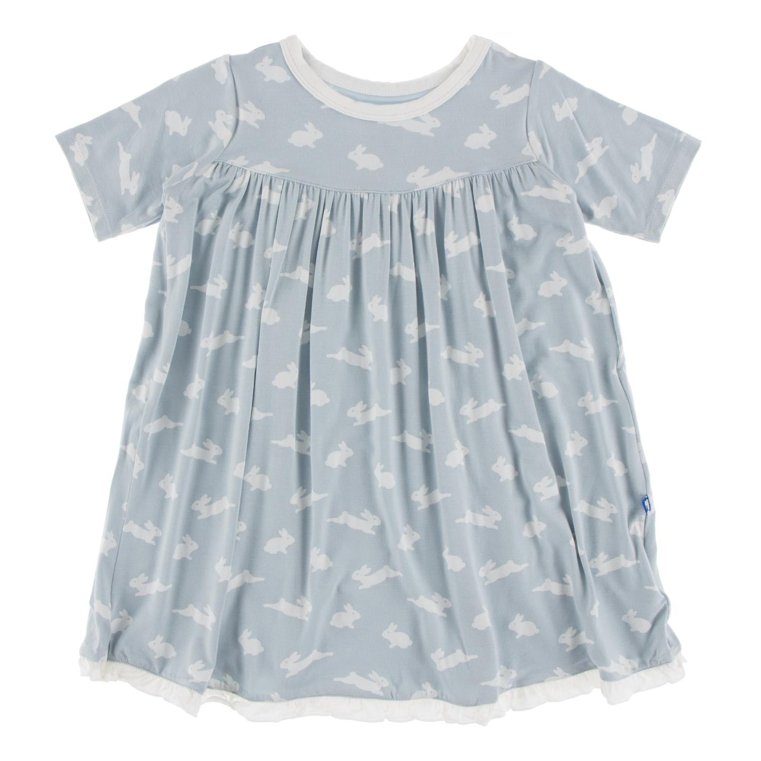 Print Classic Short Sleeve Swing Dress in Pearl Blue Bunny