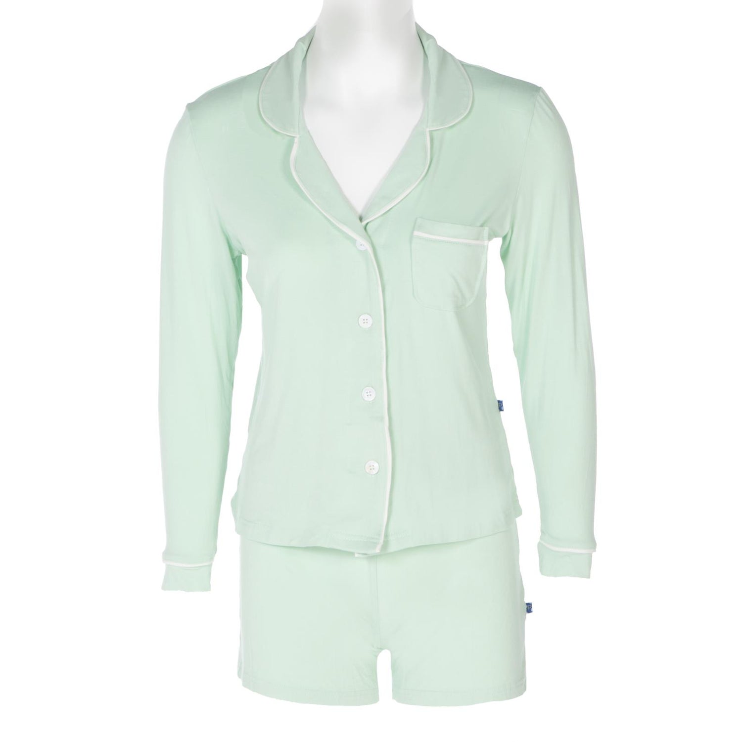 Women's Collared Pajama Set with Shorts in Pistachio with Natural Trim