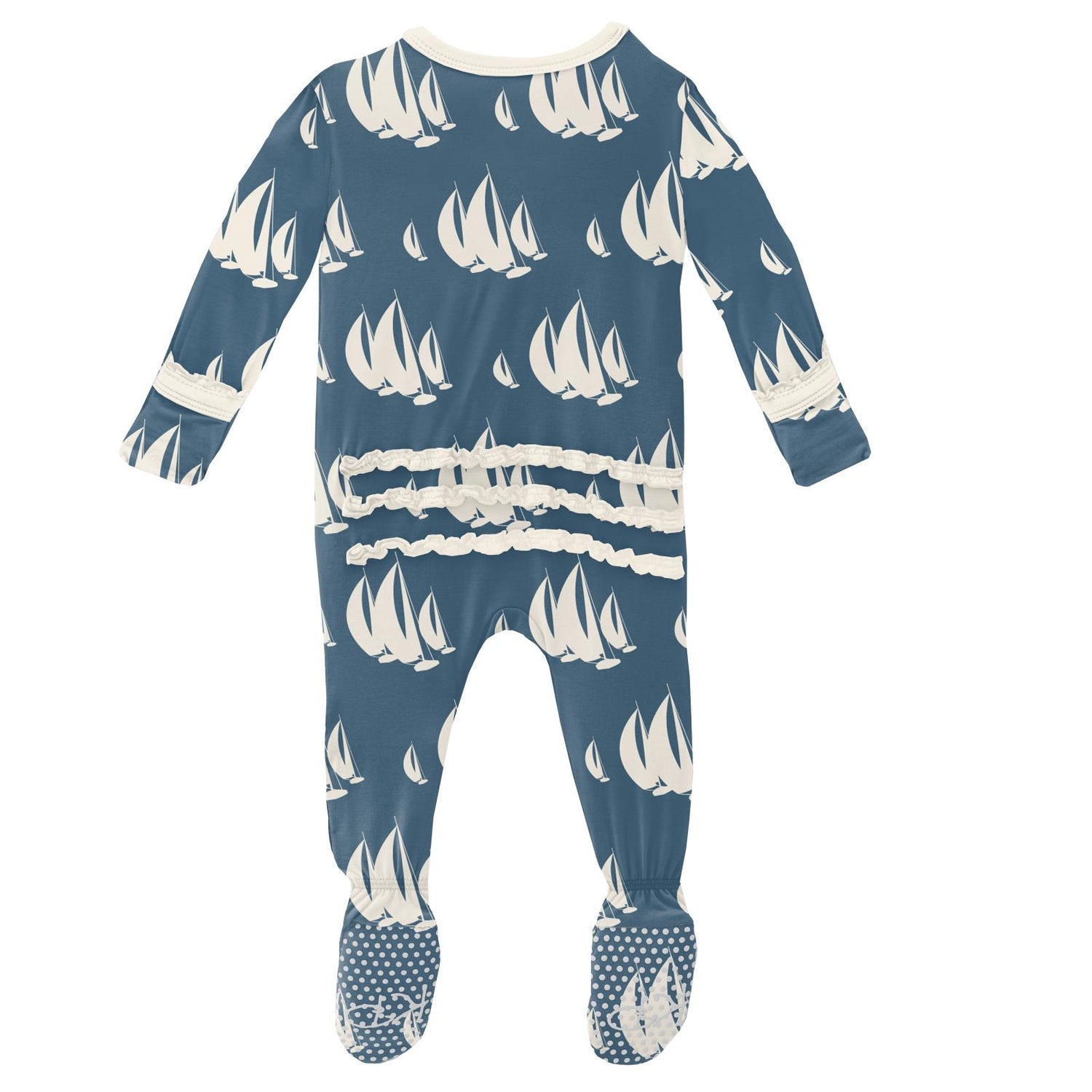 Print Muffin Ruffle Footie with Snaps in Deep Sea Sailboat Race