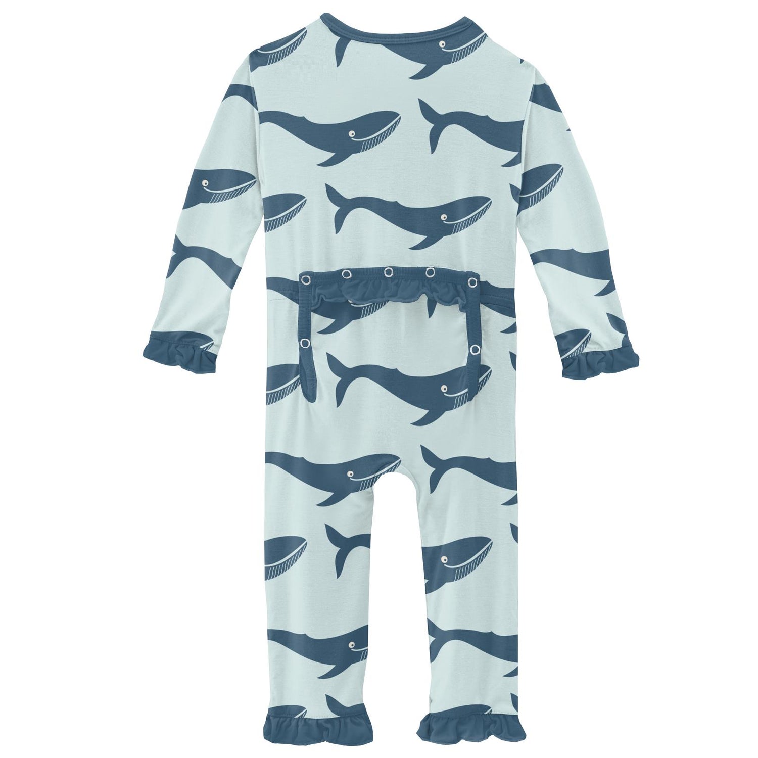 Print Classic Ruffle Coverall with Snaps in Fresh Air Blue Whales