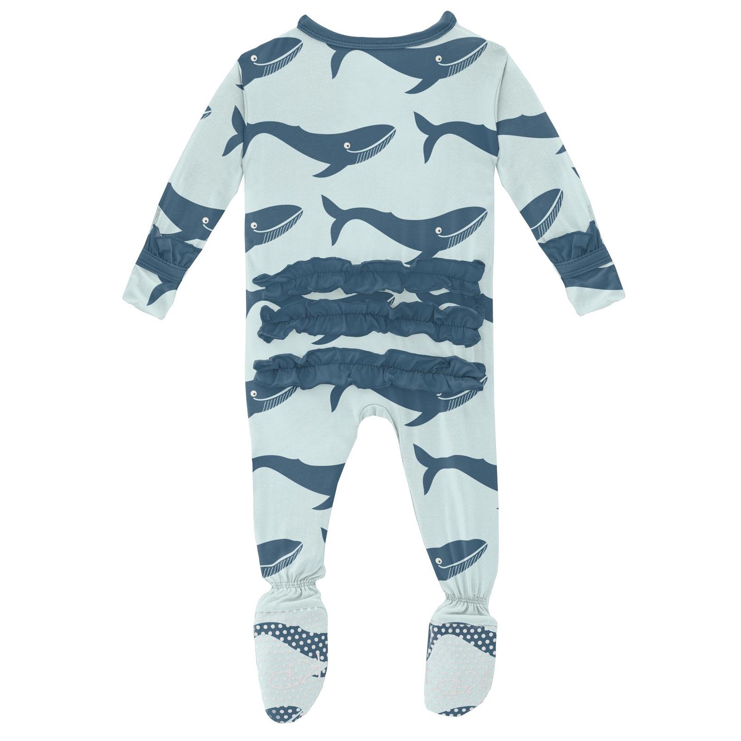 Print Classic Ruffle Footie with Zipper in Fresh Air Blue Whales