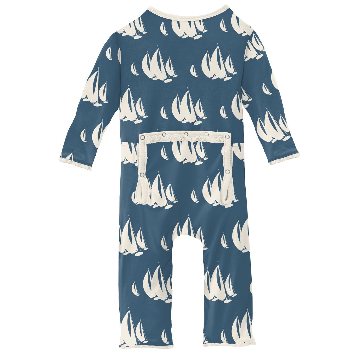 Print Muffin Ruffle Coverall with Zipper in Deep Sea Sailboat Race