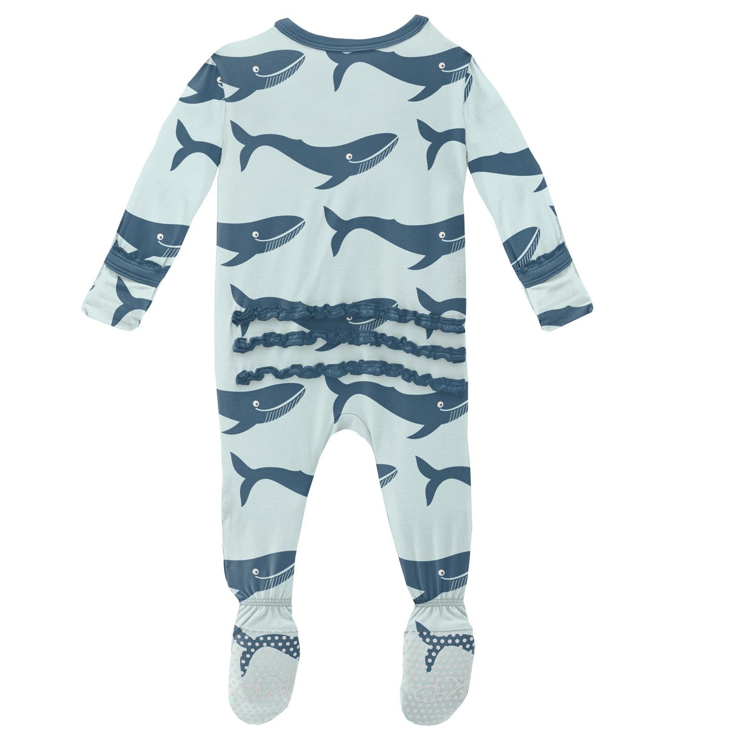 Print Muffin Ruffle Footie with Snaps in Fresh Air Blue Whales