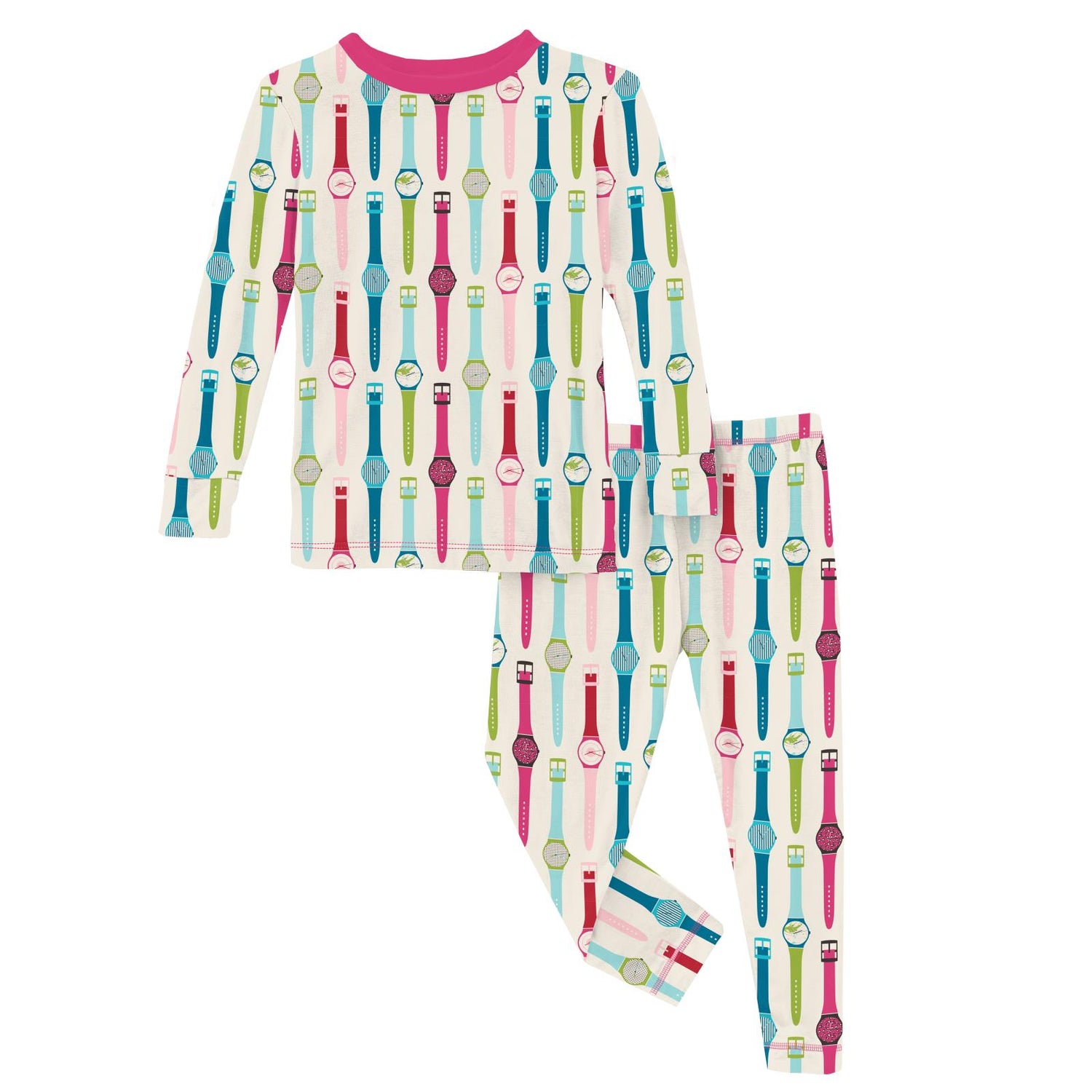 Print Long Sleeve Pajama Set in Natural Watches