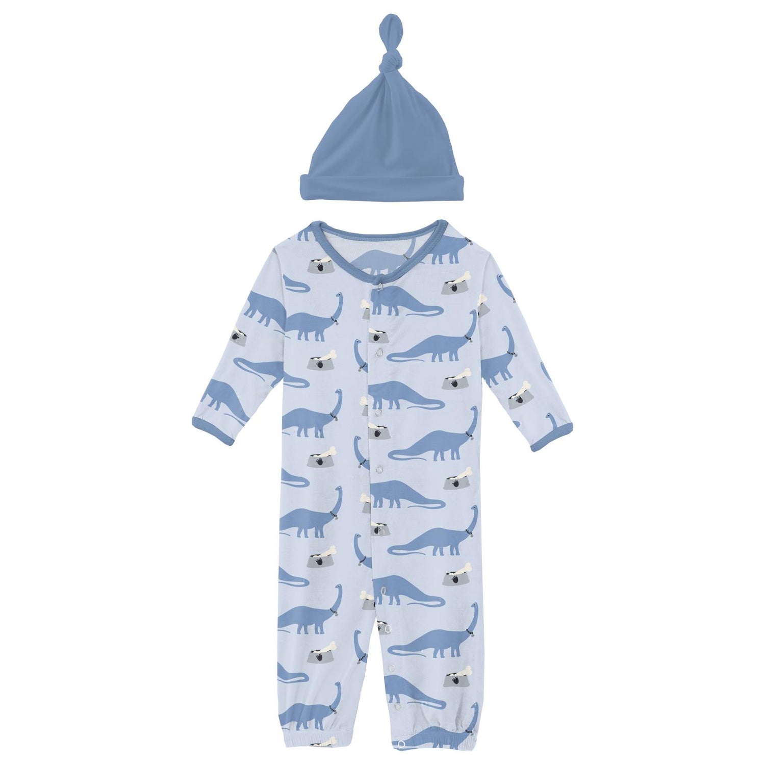 Print Layette Gown Converter & Single Knot Hat Set in Dew Pet Dino