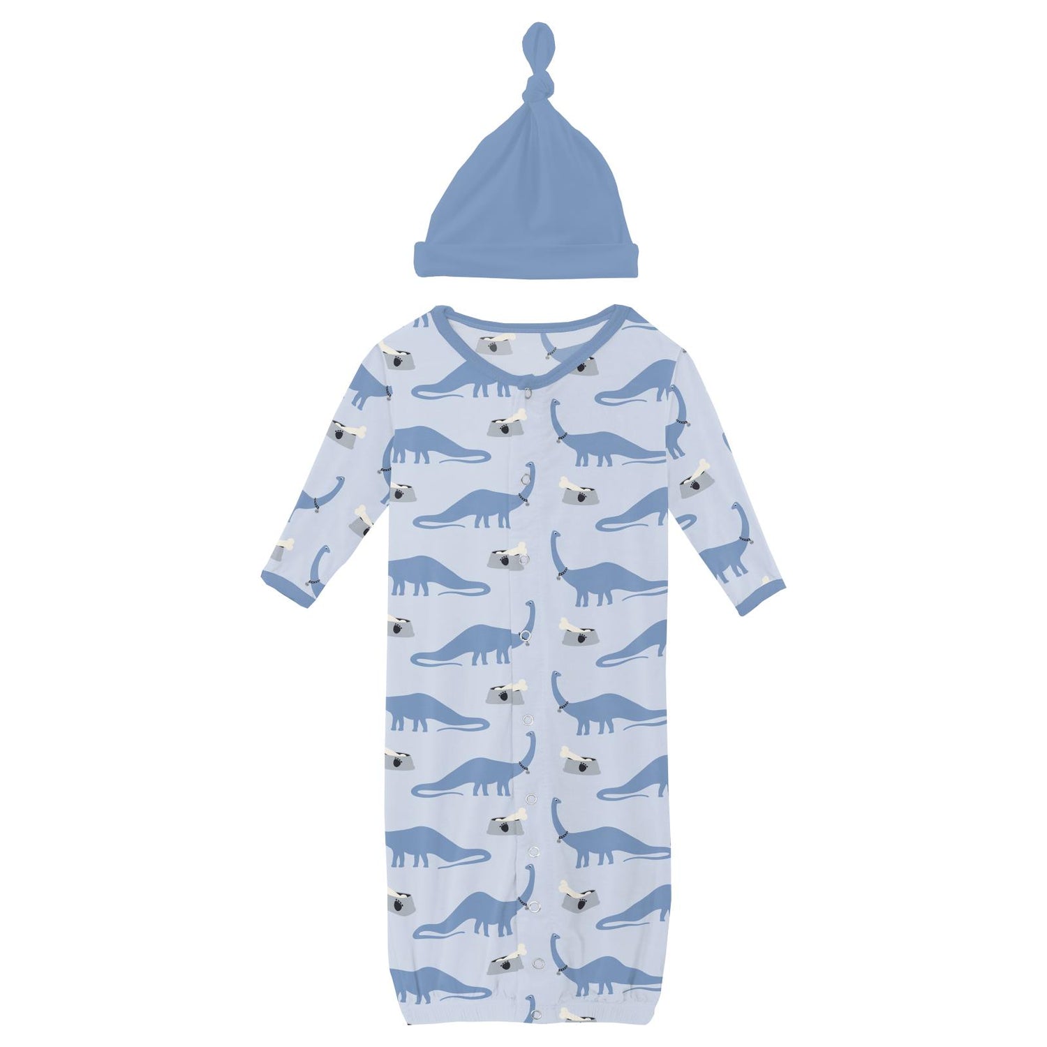 Print Layette Gown Converter & Single Knot Hat Set in Dew Pet Dino