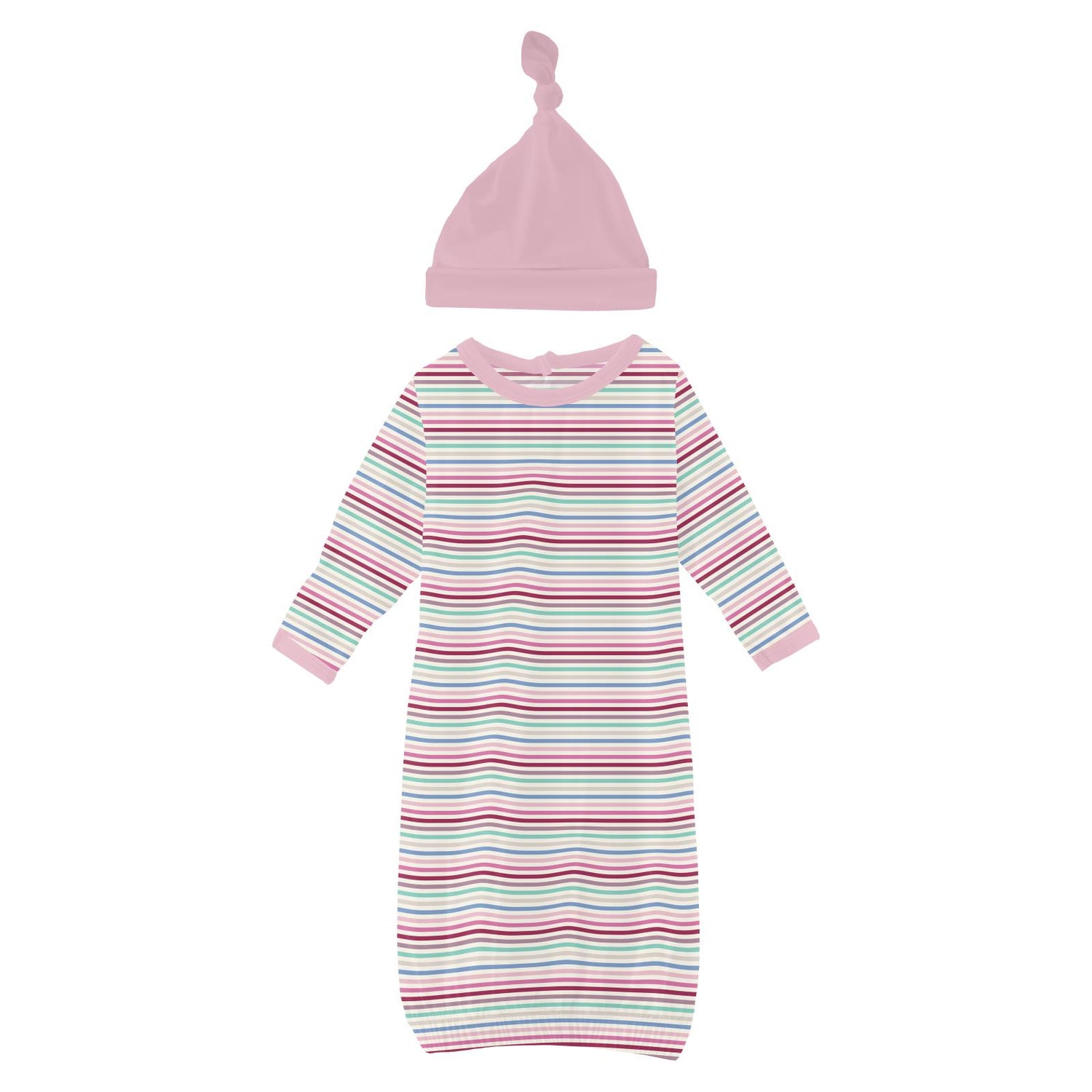 Print Layette Gown & Single Knot Hat Set in Make Believe Stripe