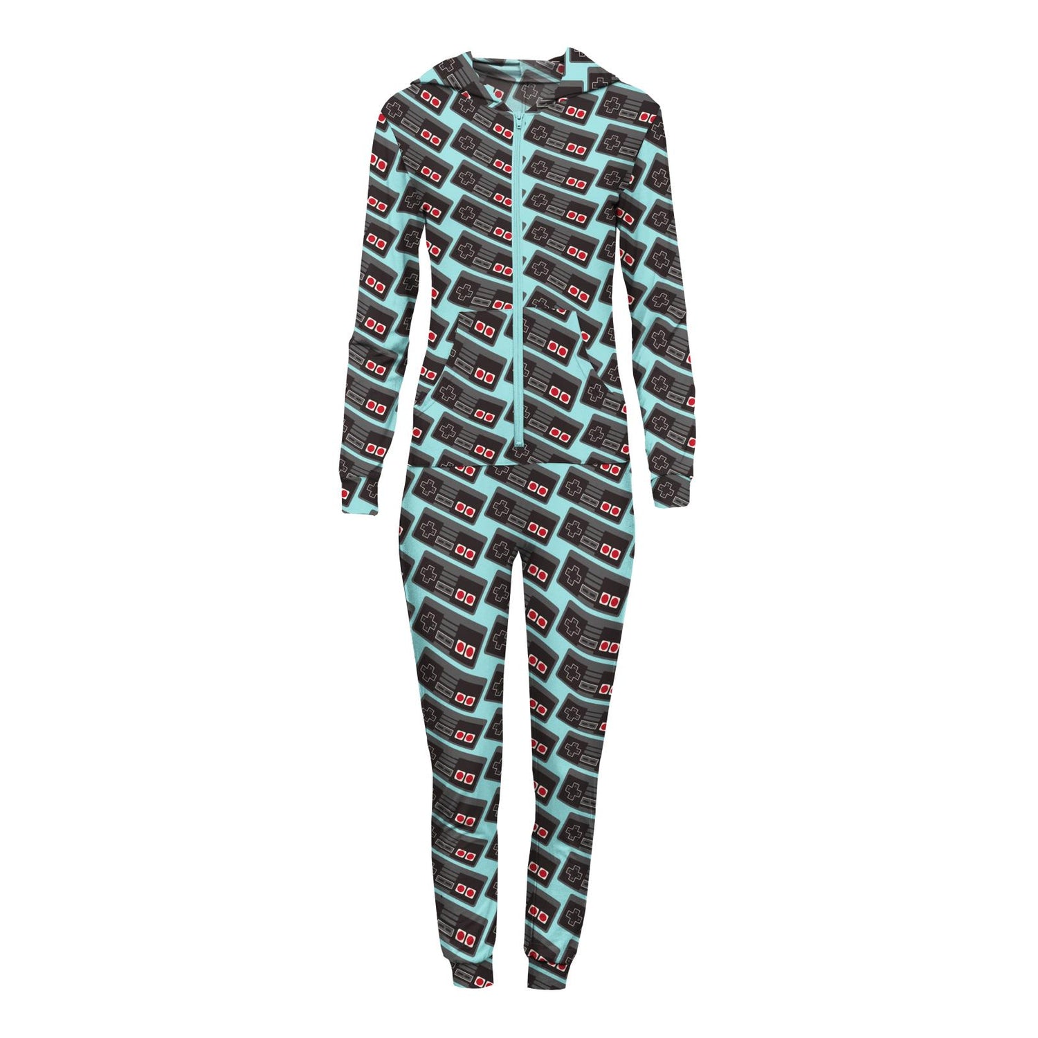 Women's Print Long Sleeve Jumpsuit with Hood in Summer Sky Retro Game Controller