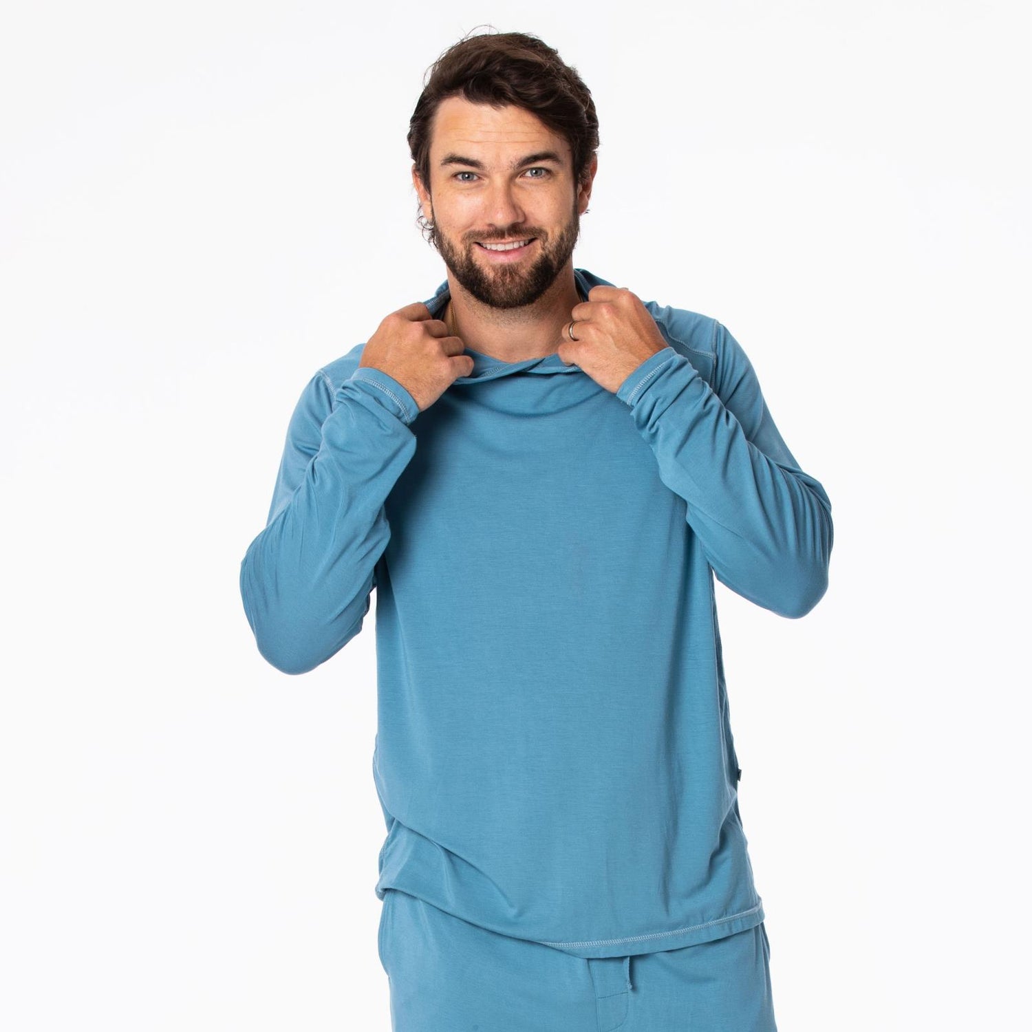 Men's Long Sleeve Hooded Tee in Parisian Blue