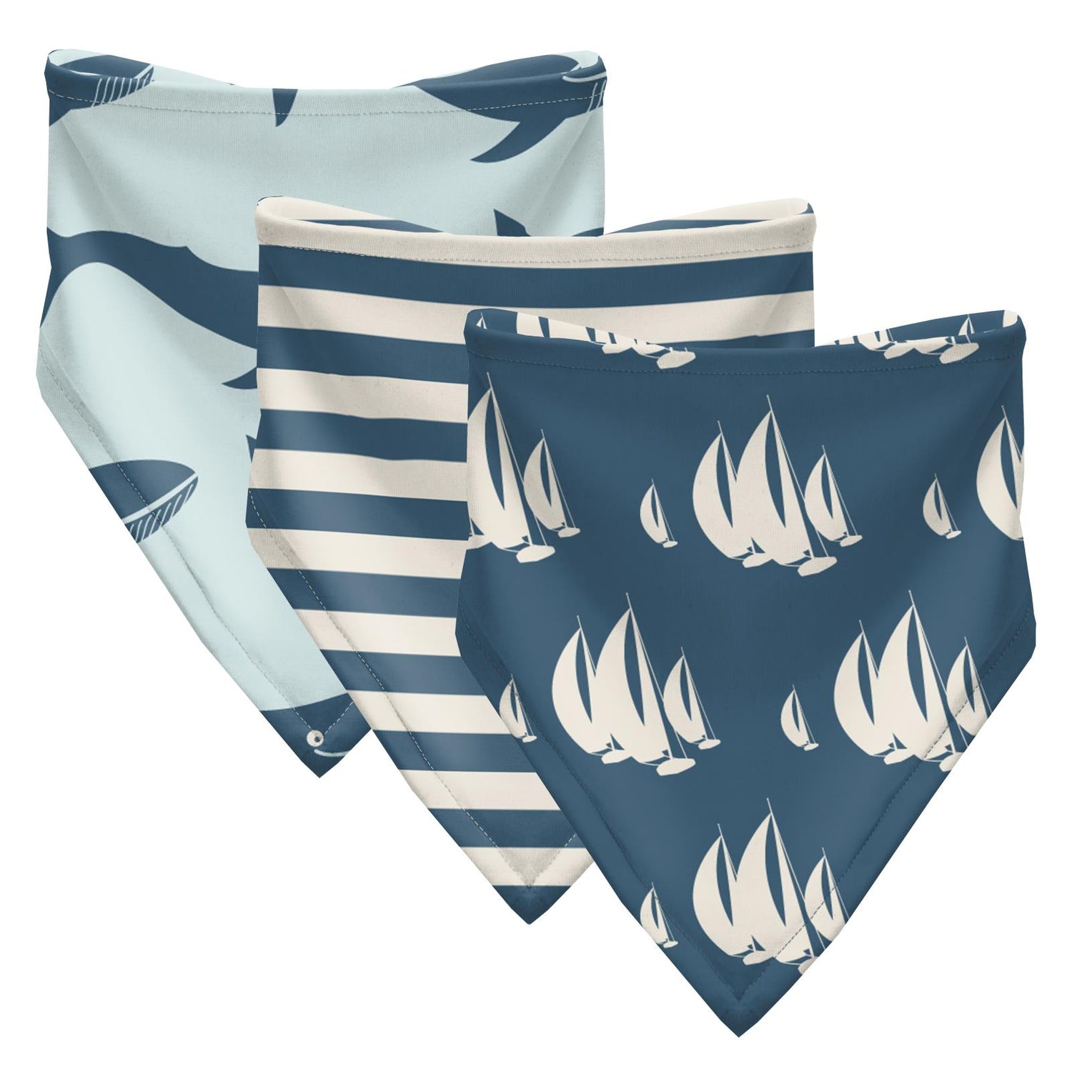 Print Bandana Bib Set of 3 in Fresh Air Blue Whales, Nautical Stripe and Deep Sea Sailboat Race