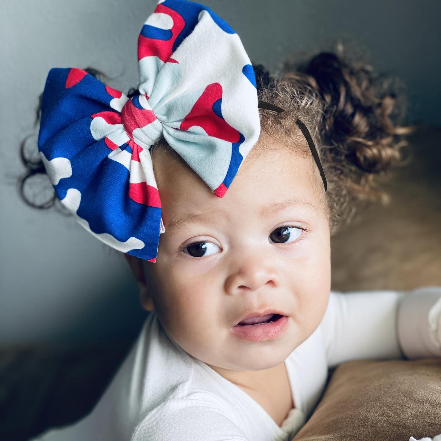 Print Luxe Big Bow with Black Headband in Flag Red Military