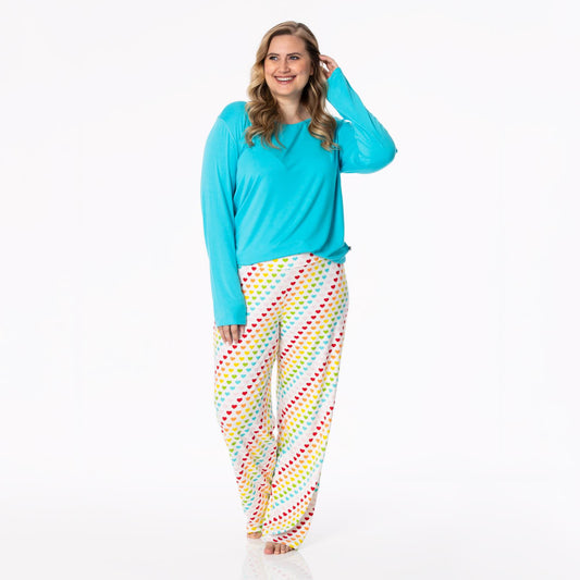 Women's Print Long Sleeve Loosey Goosey Tee & Pajama Pants Set in Rainbow Hearts