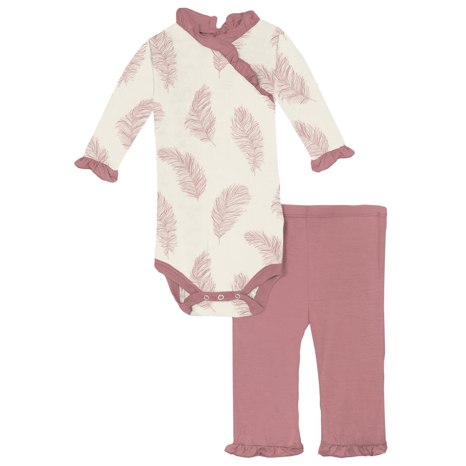 Print Long Sleeve Kimono Ruffle One Piece & Ruffle Pants Set in Natural Feathers