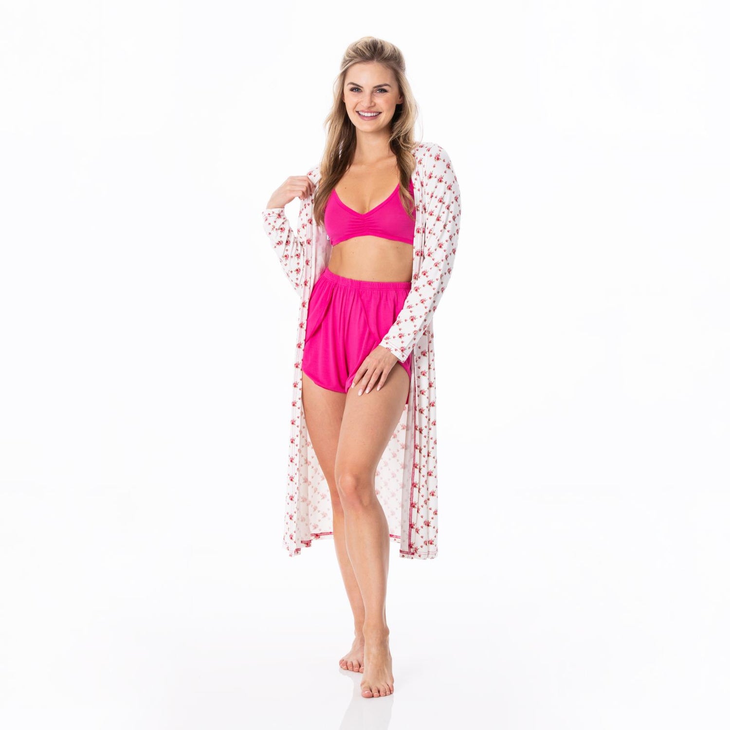 Women's Print Sleeping Bra, Tulip Shorts and Duster Robe Set in Natural Rose Trellis