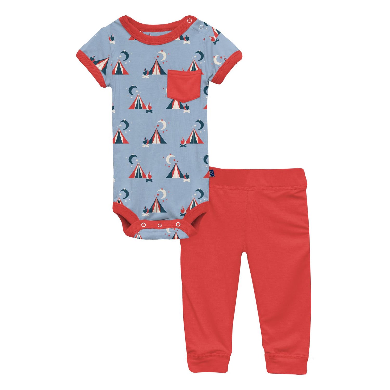 Print Short Sleeve Pocket One Piece and Pant Outfit Set in Pond Tents