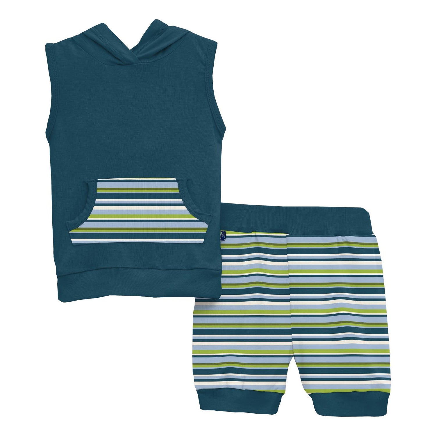 Print Short Sleeve Hoodie Tank Outfit Set in Anniversary Sailaway Stripe