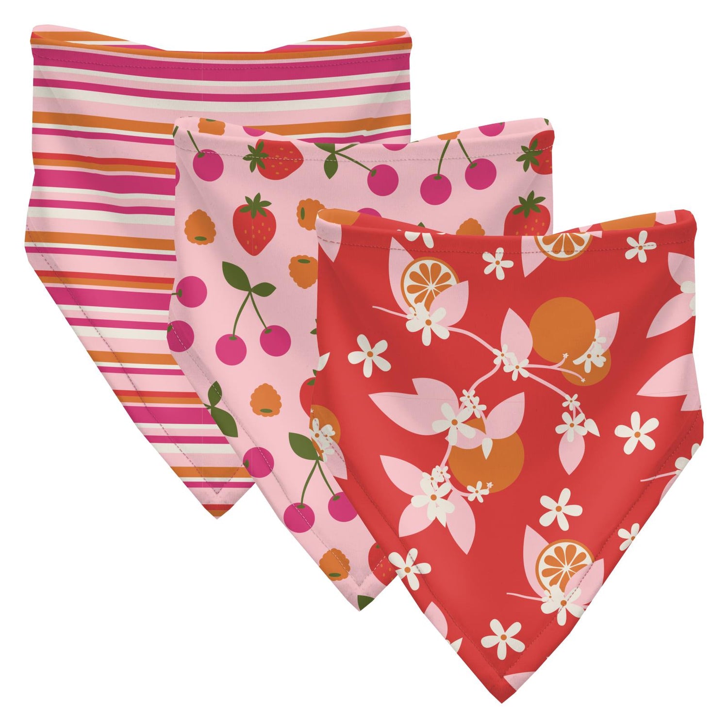 Print Bandana Bib Set of 3 in Anniversary Sunset Stripe, Lotus Berries & Poppy Orange Blossom