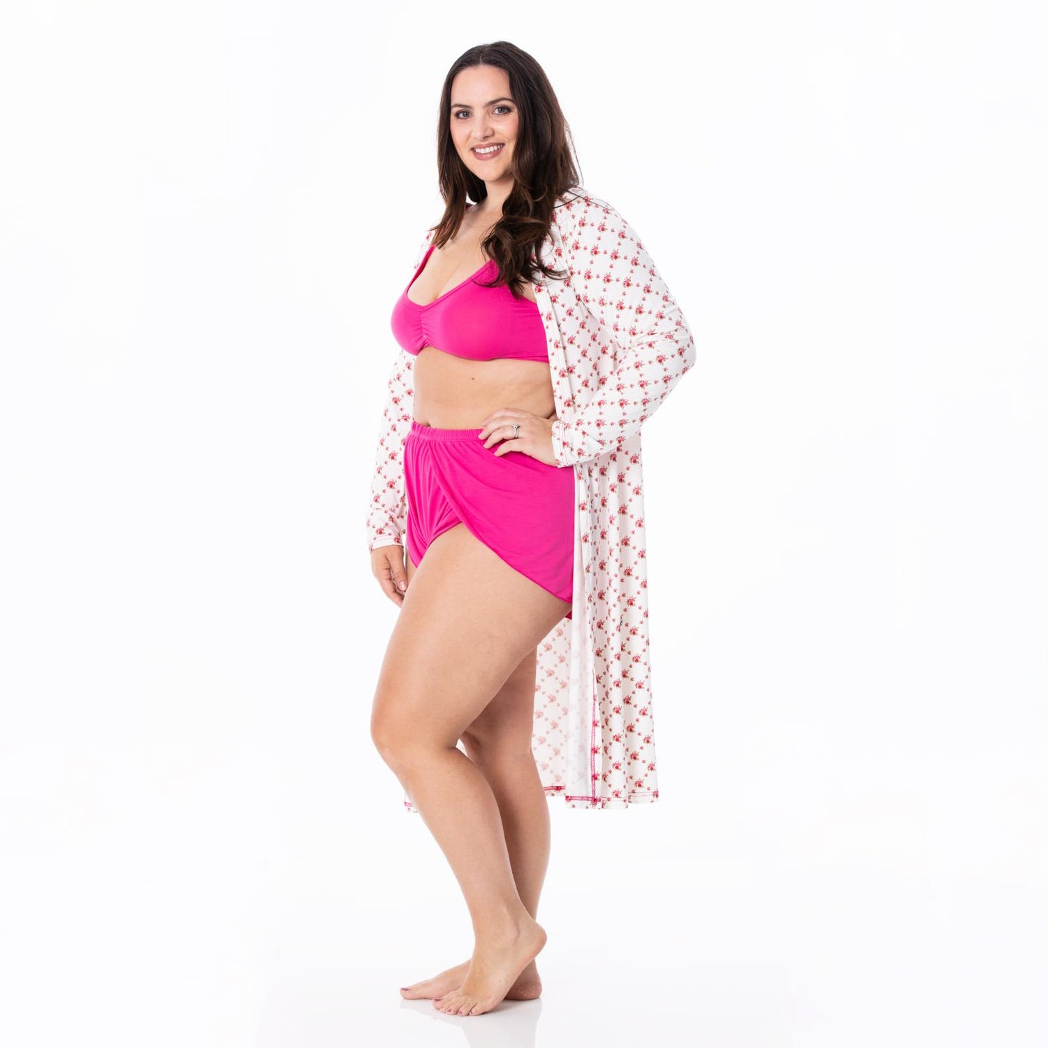 Women's Print Sleeping Bra, Tulip Shorts and Duster Robe Set in Natural Rose Trellis