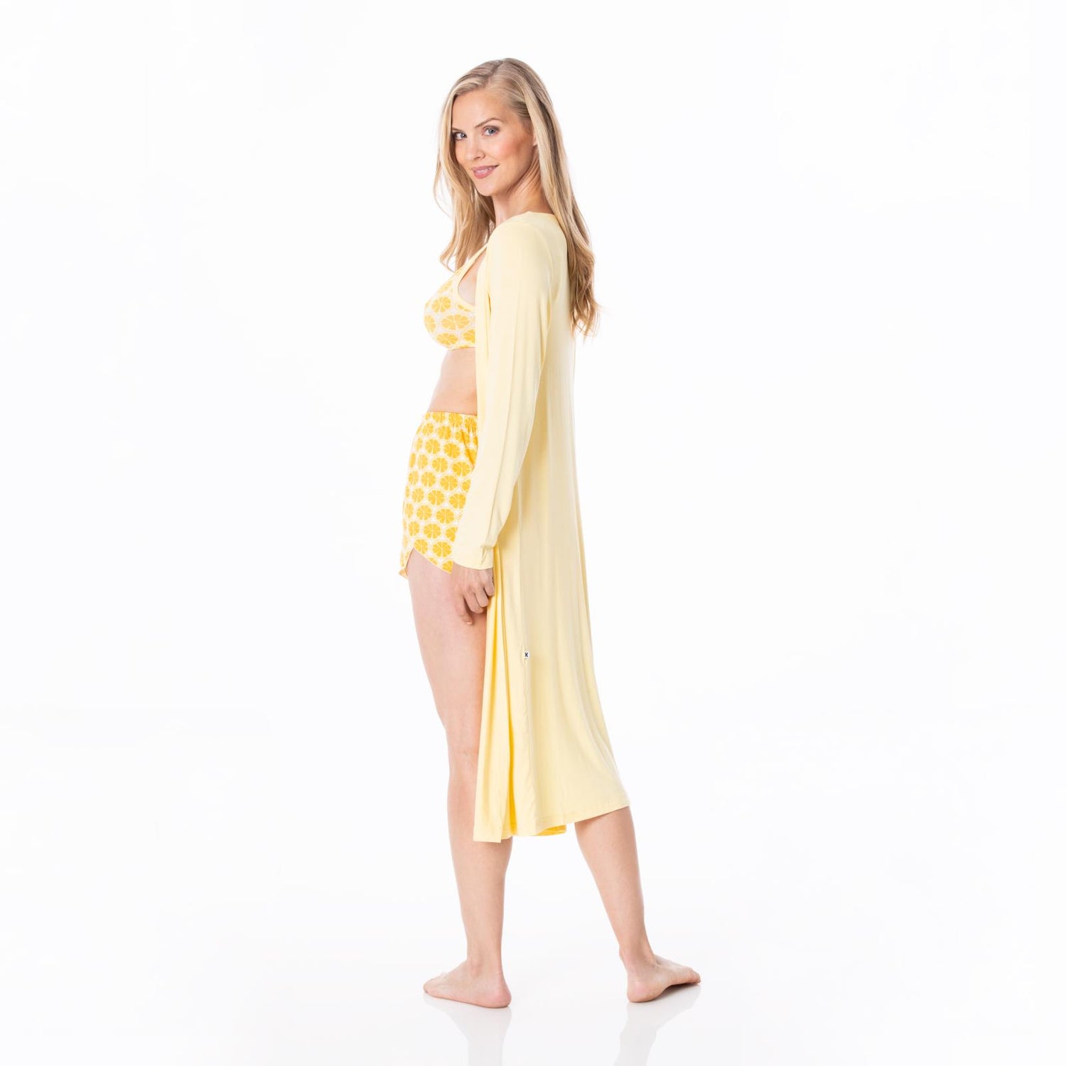 Women's Print Sleeping Bra, Tulip Shorts and Duster Robe Set in Natural Lemons