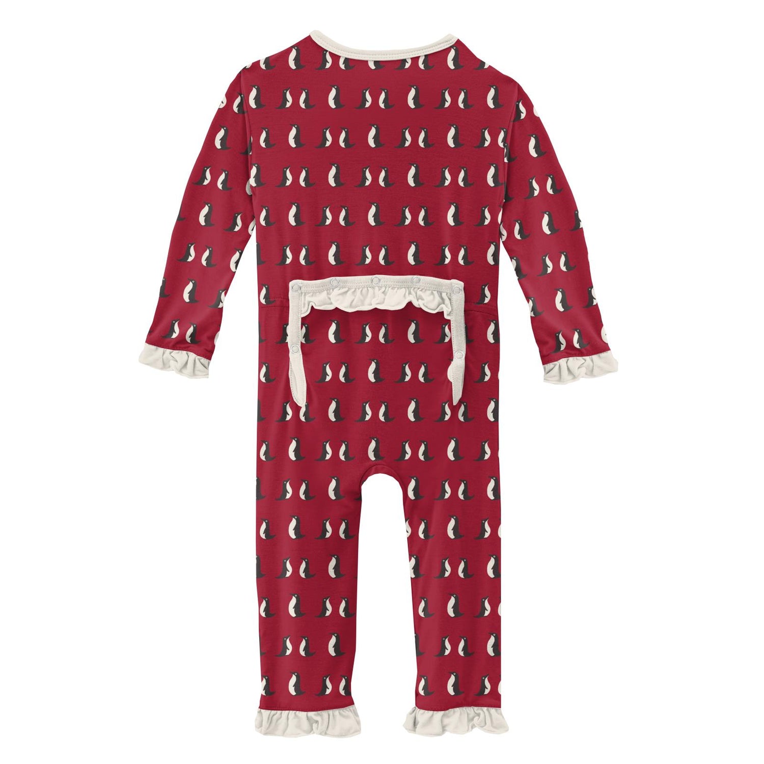 Print Classic Ruffle Coverall with Zipper in Crimson Penguins