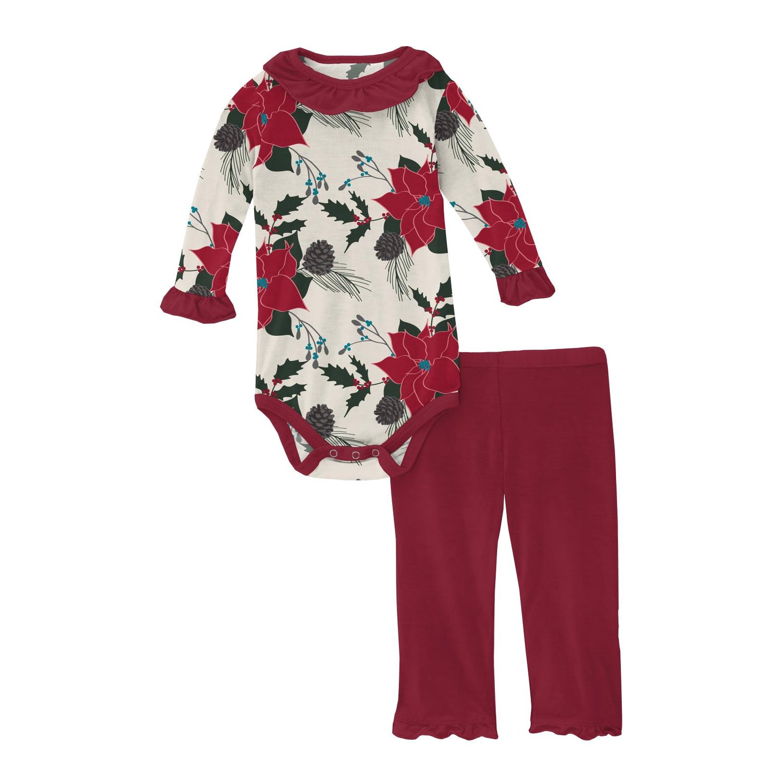 Print Long Sleeve Ruffle-Neck One Piece and Ruffle Pant Outfit Set in Christmas Floral