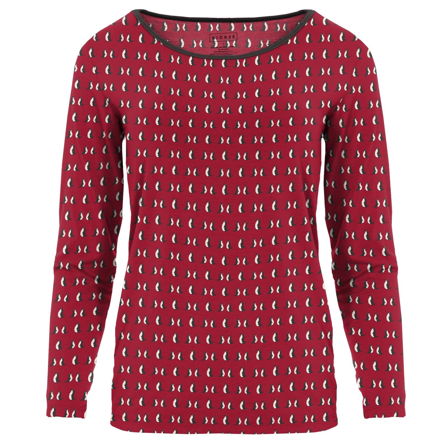 Women's Print Long Sleeve Loosey Goosey Tee in Crimson Penguins