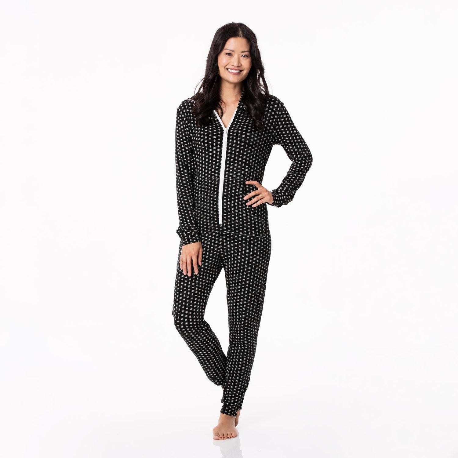 Women's Print Long Sleeve Jumpsuit with Hood in Midnight Tiny Snowflakes