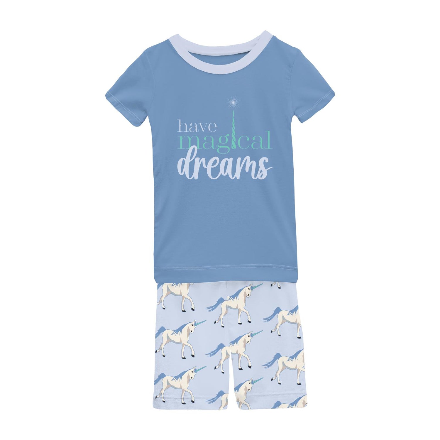 Short Sleeve Graphic Tee Pajama Set with Shorts in Dew Prancing Unicorn