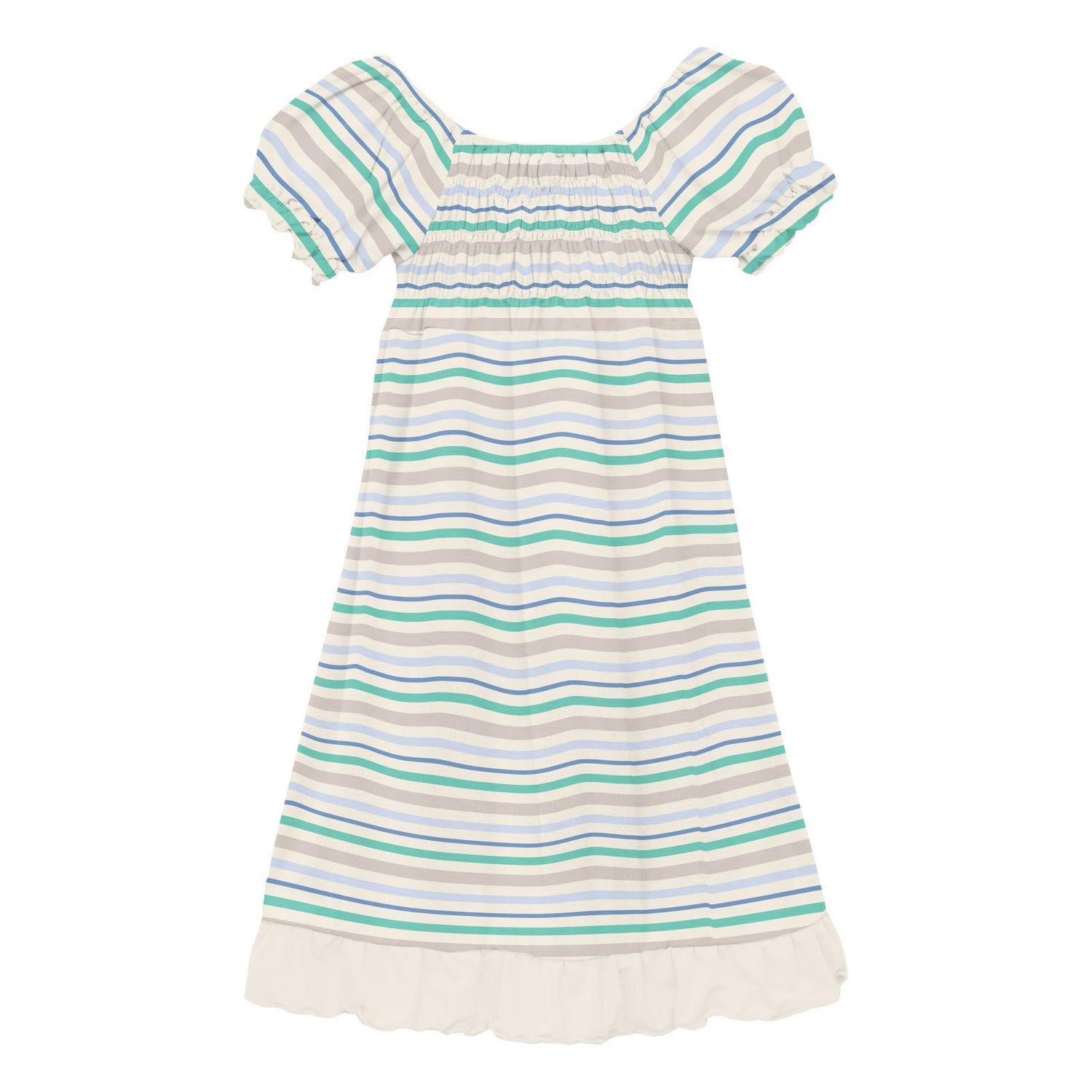 Print Short Sleeve Gathered Dress in Mythical Stripe