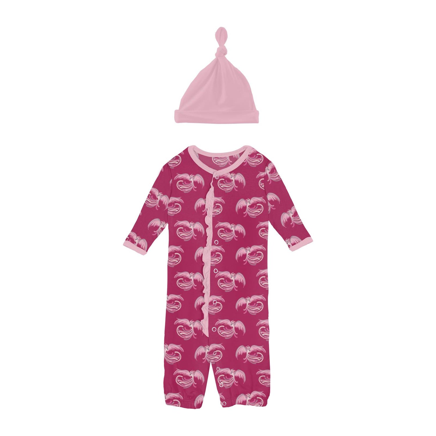 Print Ruffle Layette Gown Converter & Knot Hat Set in Dragon Fruit Phoenix